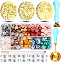 RUIJIE Kit de Sello de Lacre, 150 Perlas de Cera de Sellado de 10 Colores, 3 Sello de Cera, 1 Cucharas para Derretir, 10 Velas de Té, 1 Bolígrafo, para Sobres, Invitaciones de Boda, Regalo