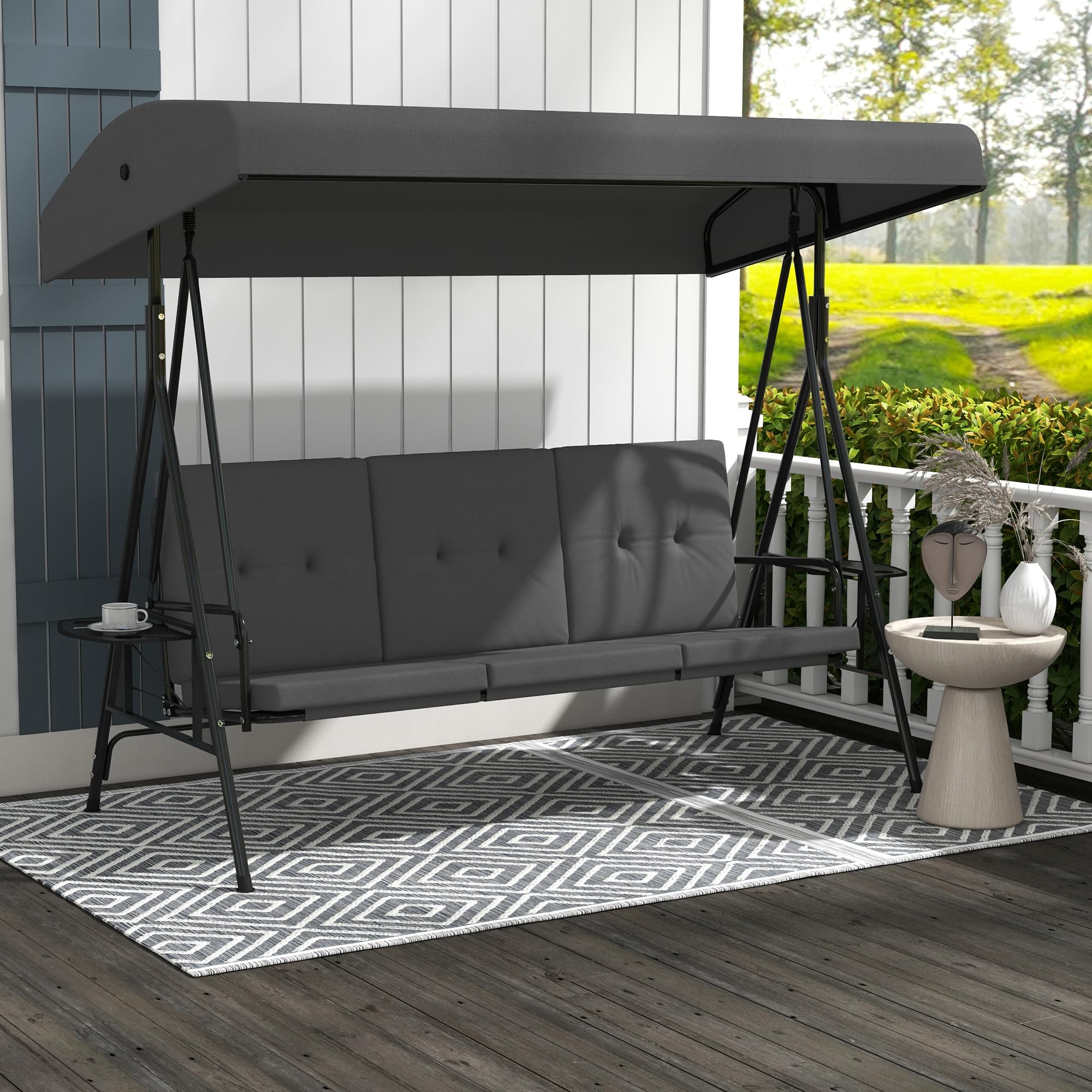Outsunny Balancelle de Jardin 3 Places Grand Confort Toit réglable Acier Polyester Gris foncé
