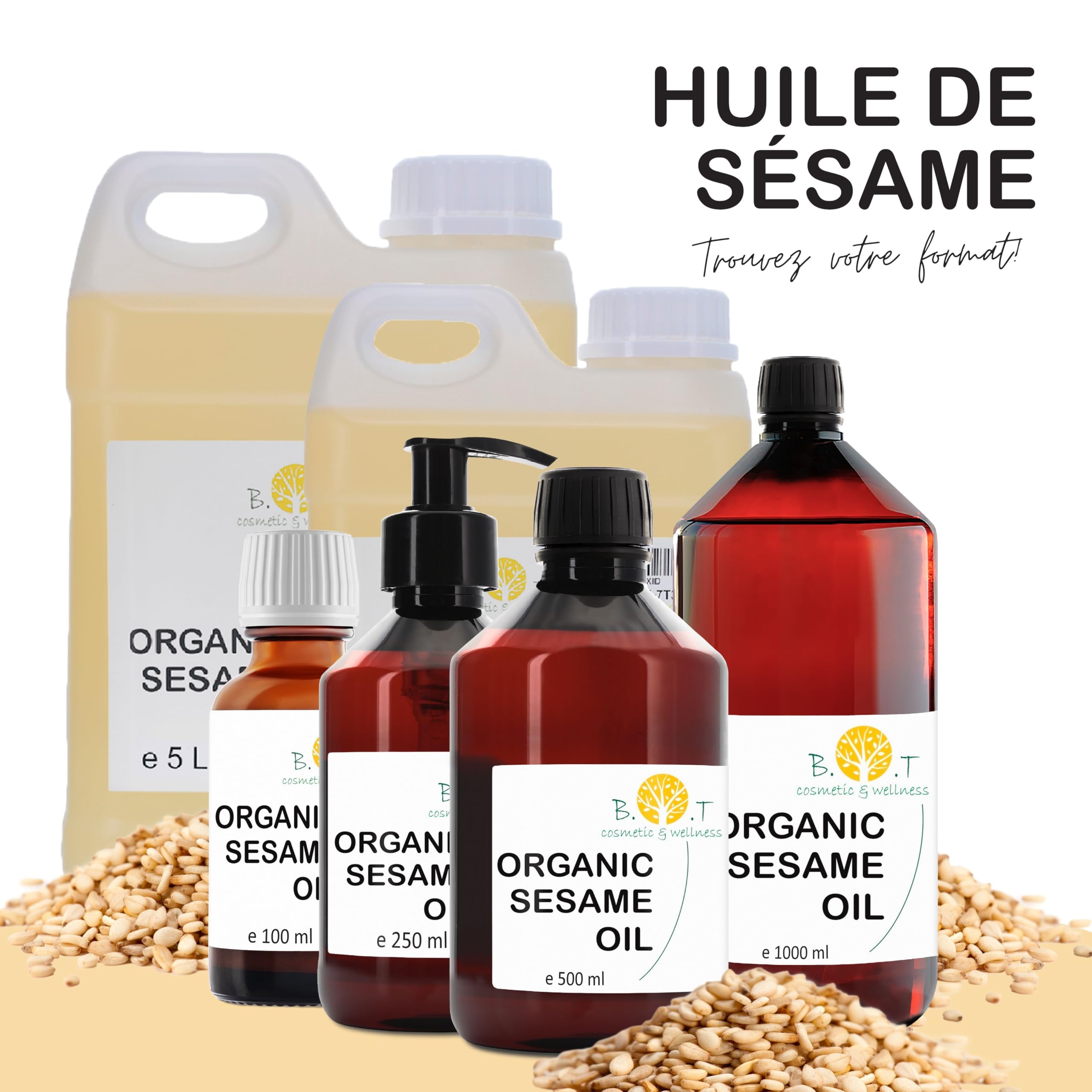 B.O.T Cosmetic & Wellness - Huile de Sésame Bio 100% Pure et Naturelle | Pressée à Froid | Multi-Usage | Anti-Âge pour la Peau | Soin Capillaire | Huile de Massage Ayurveda, 1000 ml