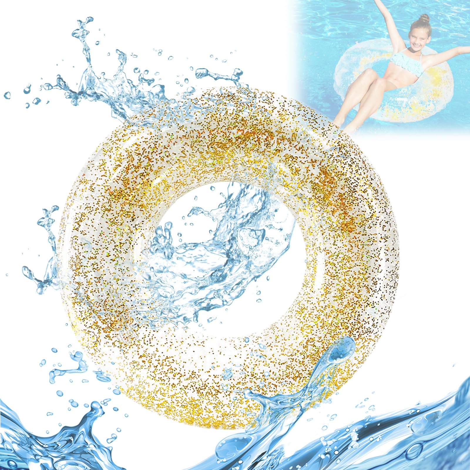 Flotador Hinchable Hillylolly Anillo de Natación, Flotador Redondo Piscina, Flotadores Piscina para Adultos y Niños, Flotadores para Piscina, Piscina Verano y Juguetes Playa-90cm (Lentejuelas de Oro)