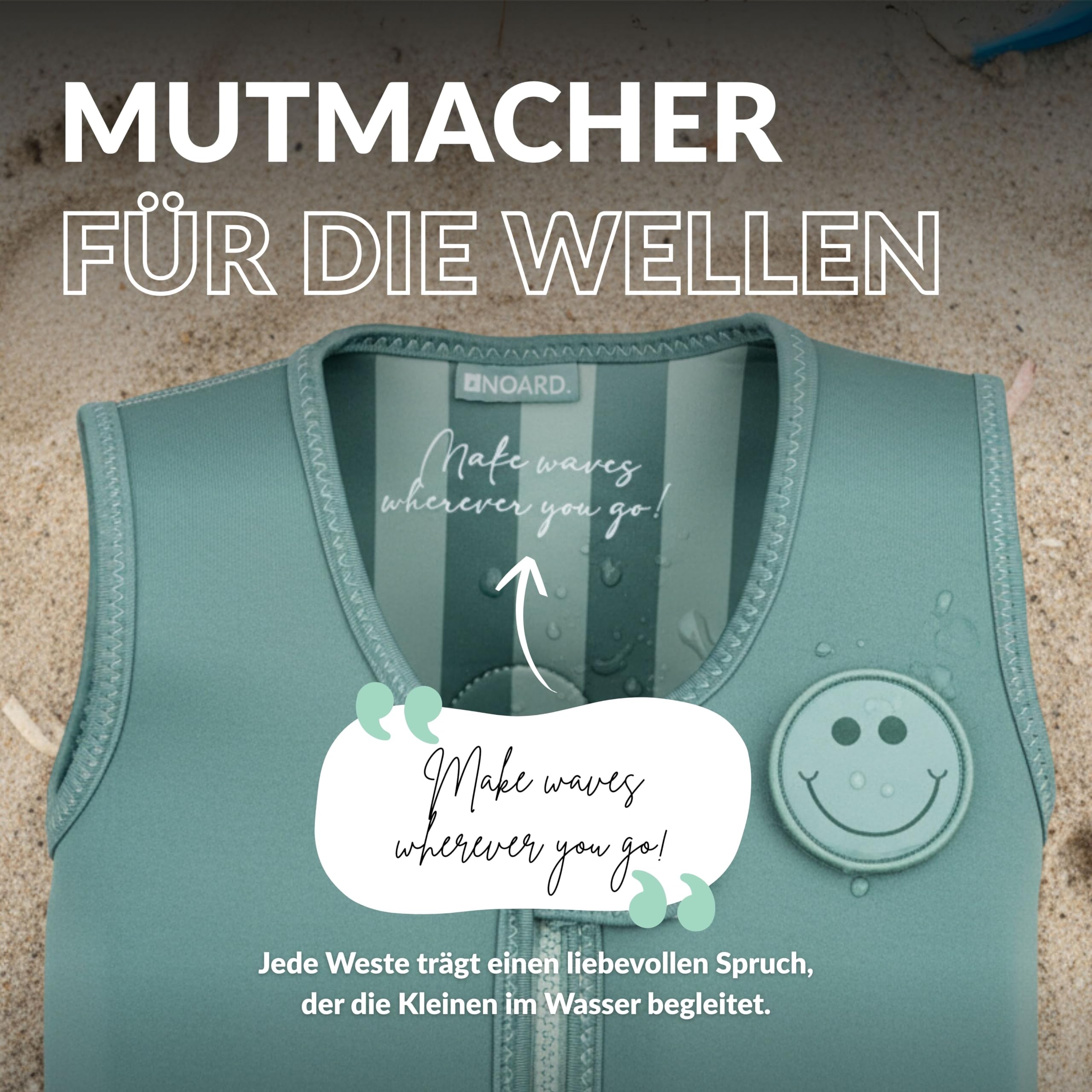 NOARD Kinder Schwimmweste (2-6 J. / 15-30 kg) Schwimmhilfe mit Schrittgurt | Wechsel-Patches für hohen Tragespaß | EN 13138-1:2021 | 8 herausnehmbare Schwimmkörper | weiches Neopren | Schwimmlernhilfe