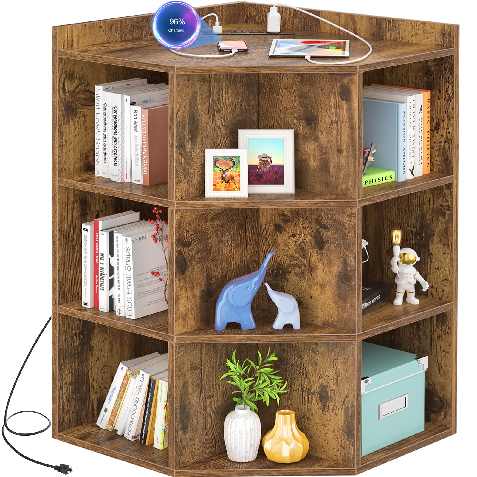 Aheaplus Corner Cabinet, Corner Storage with USB Ports and Outlets, Corners Cube Toy Storage for Small Space, Wooden Corners Bookshelf with 9 Cubes