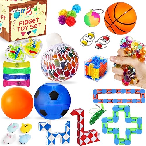 Max Fun - Juego de 36 juguetes anti-ansiedad juguetes para niños y adultos alivio del estrés semilla de soya apretable canica y malla cadena