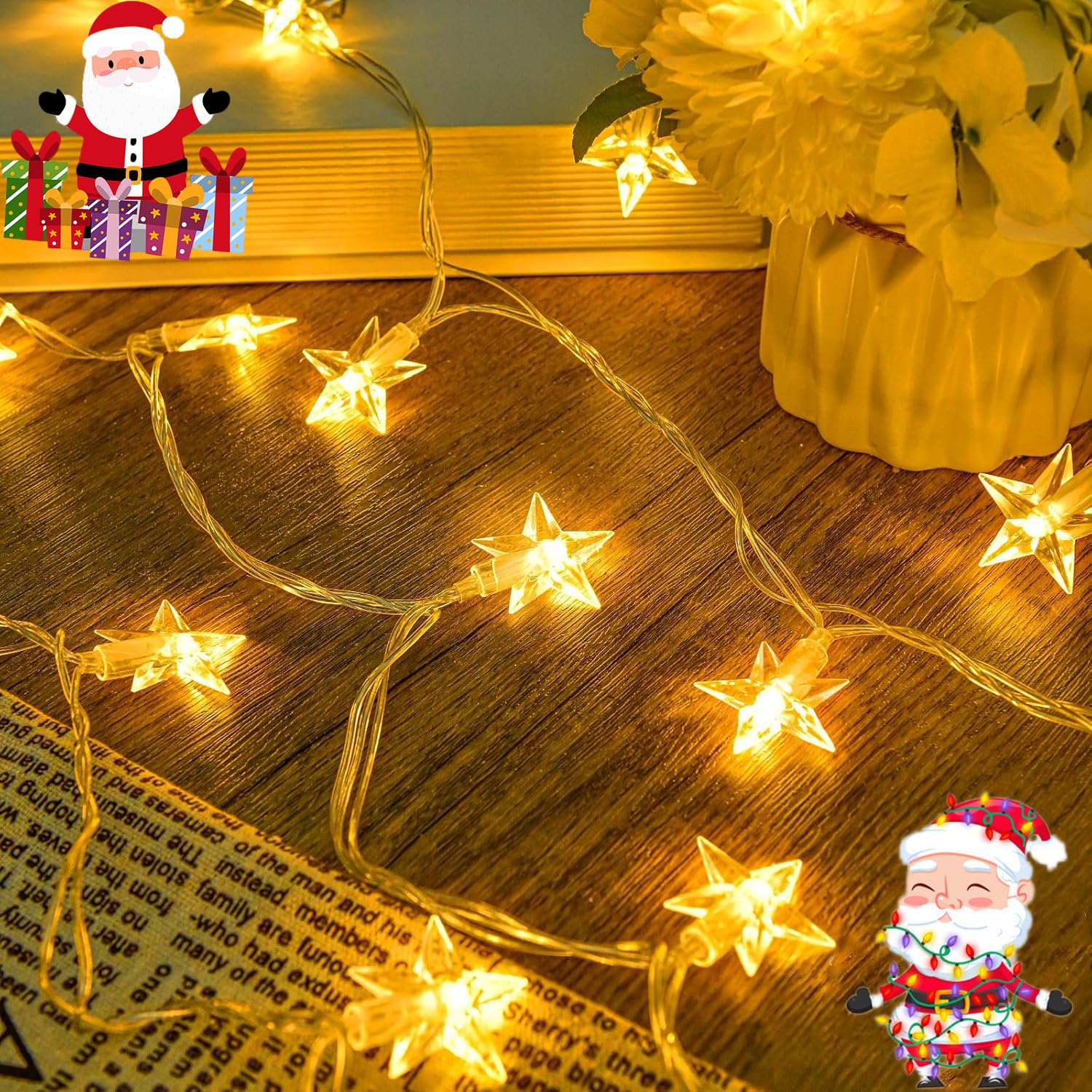 behone Guirnalda de Luces LED Estrellas Exterior,Guirnalda Luces 6M 40 LED con Pilas Guirnalda de Luces IP65 Impermeable para Tarro Jard¨ªn Camping Navidad Decoraciones Interiores y Exteriores