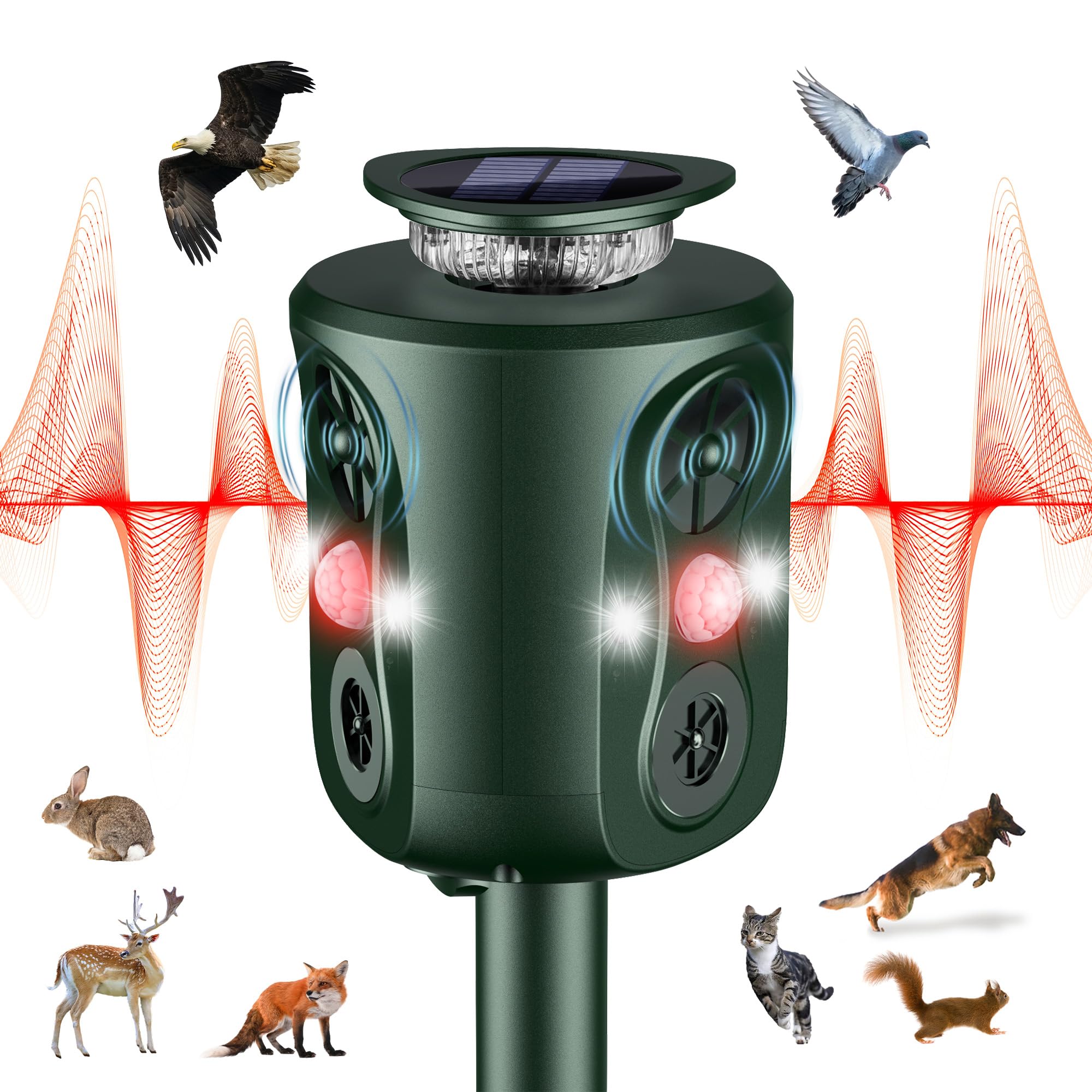 360° Ultrasonic Cat Repellent for Gardens UK, Solar Best Cat Repellent for Dog Fox Bird Squirrel, Fox Deterrents for Gardens UK with PIR Sensor & LED Flash 5 Adjustment Modes, IP66 Waterproof