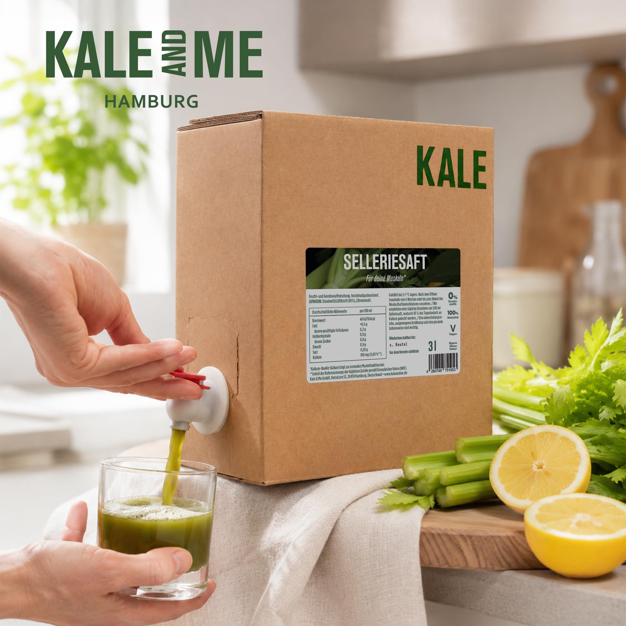 Kale&Me Selleriesaft Bag-in-Box 3 L – 95 % Selleriesaft mit Zitronensaft, ohne Zusatzstoffe, kaltgepresst, unpasteurisiert – frischer Gemüsesaft aus regionaler Produktion, inkl. Zapfhahn