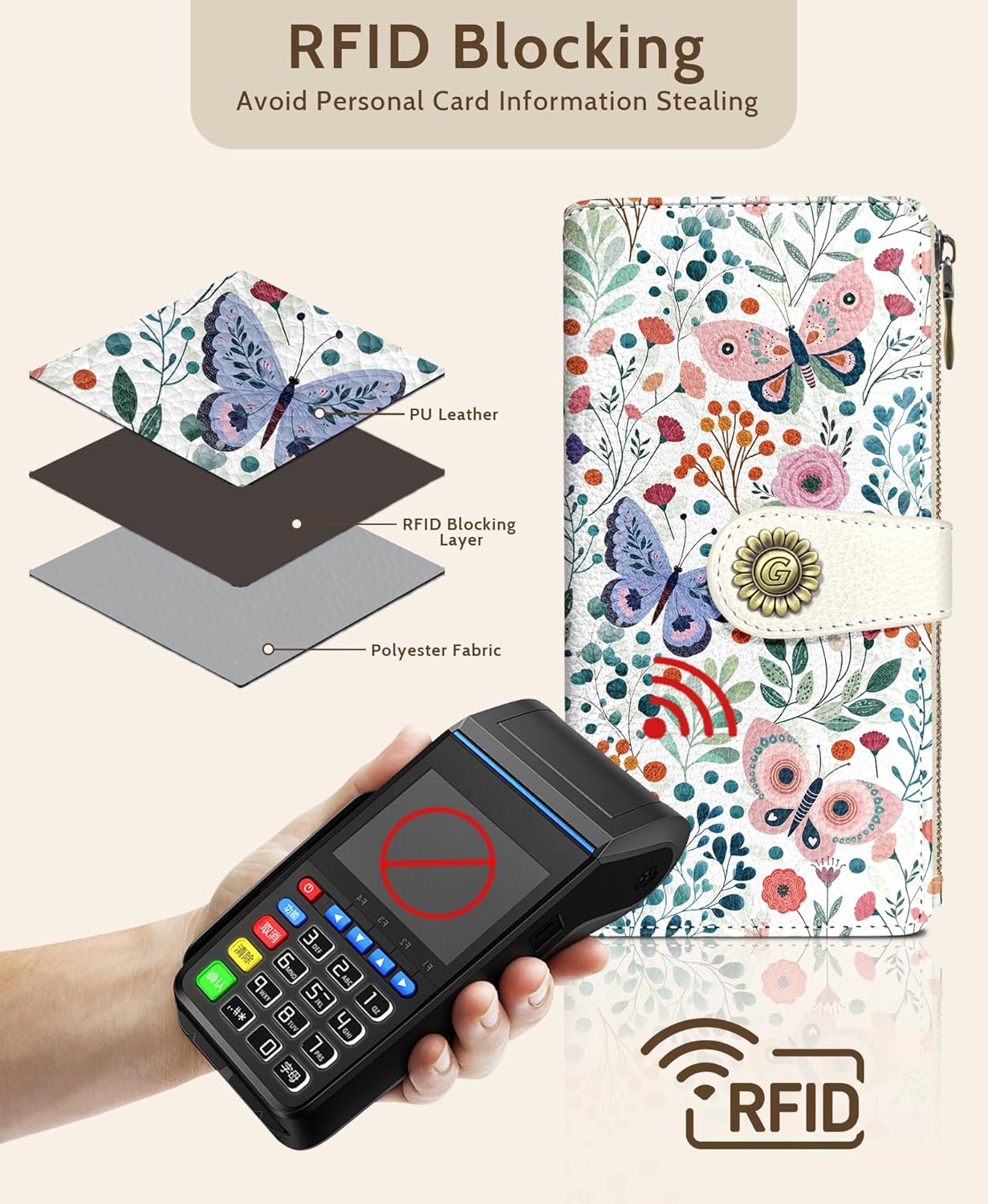 GIANCOMICS Butterfly Flower Womens Wallet RFID Blocking, Credit Card Holder Bifold, PU Leather Travel Billfold, Long Cute Cash Purse, Zipper Coin Pocket Clutch, 11 Card Slot, Ladies Gift Woman - Image 4