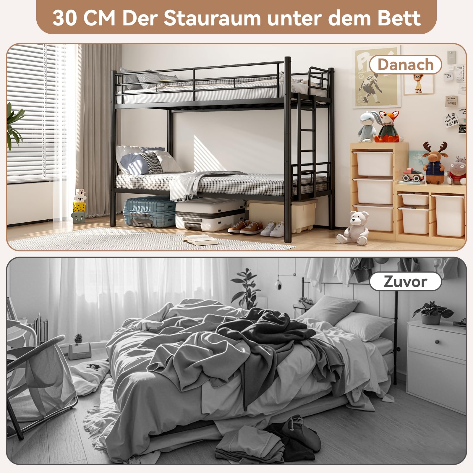 Litera de 90 x 200 cm, con escaleras y protección anticaídas, litera de metal con somier, convertible en 2 camas individuales, cama alta para niños, adolescentes y adultos (negro)