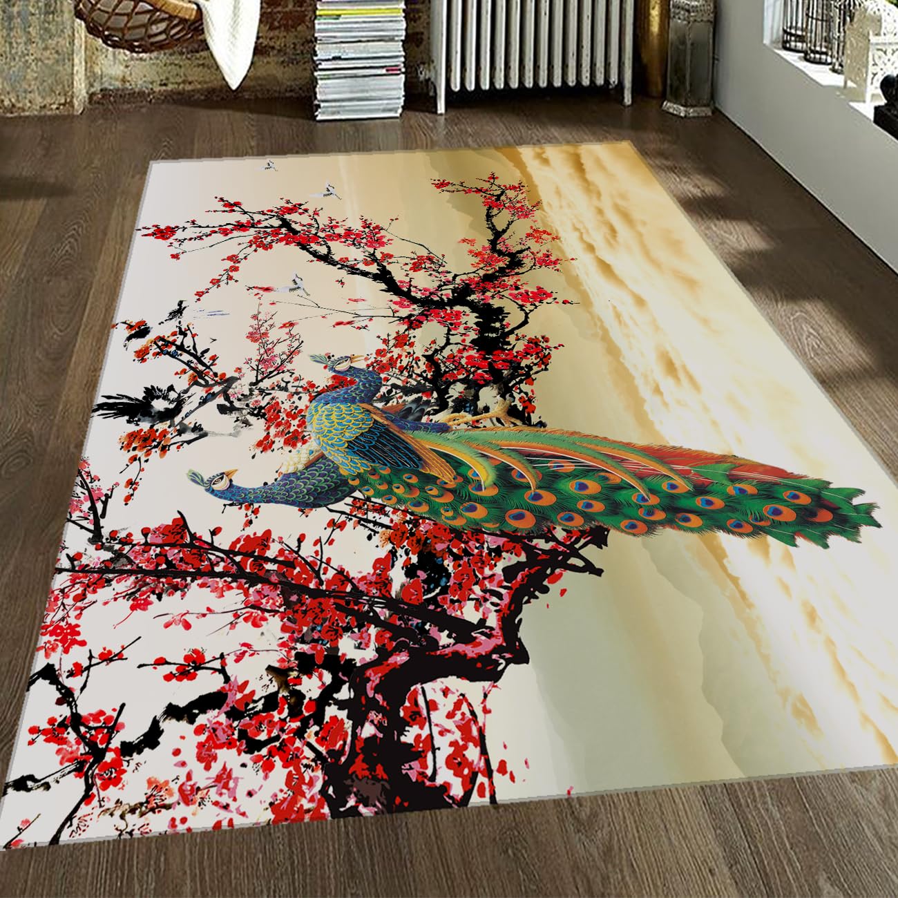 Tapis paysage chinois paon pour salon chaleureux style encre orientale