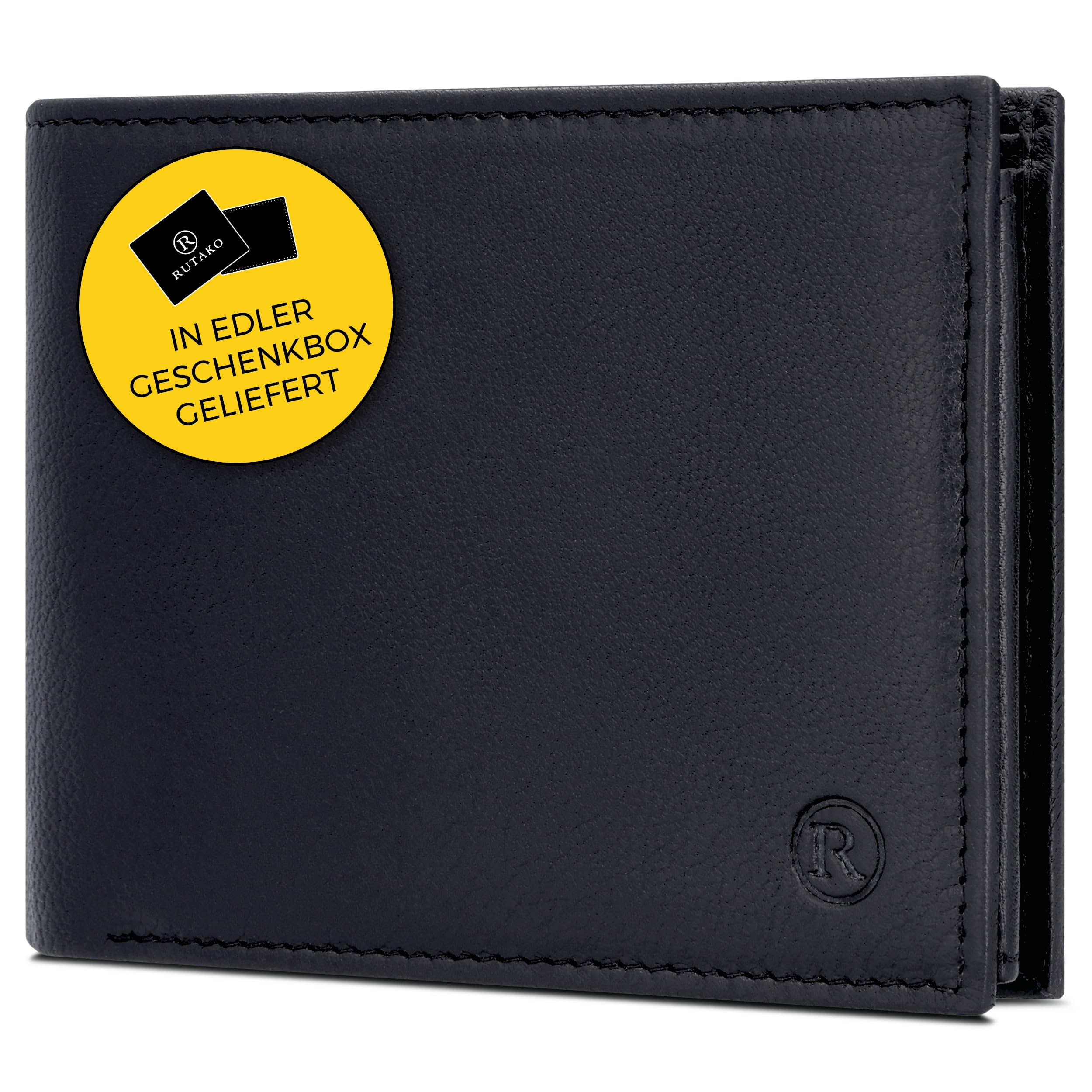 RUTAKO Leder Geldbörse Herren mit RFID Schutz - Portemonnaie Groß mit Münzfach - Echtleder Geldbeutel für Männer - Brieftasche Wallet Portmonee Schwarz