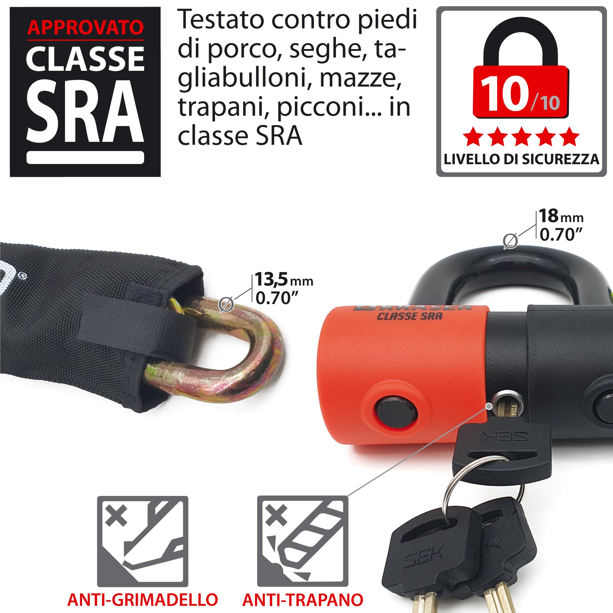 KRASER KR50100 Catena Moto Antifurto Blocco Disco Omologato SRA Set Mini U Solid Ø18, Incatenato 100 cm Ø13.5 Anelli, Multifunzione Alta Sicurezza Motociclo Motorino