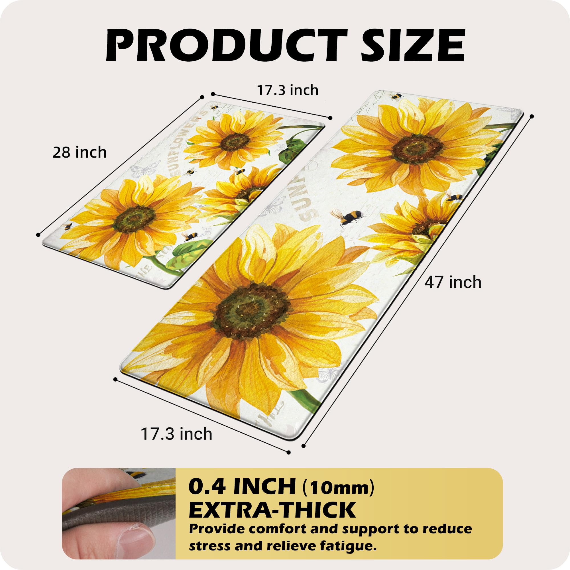 Hexagram Sunflower Kitchen Rugs Set Of 2 - Anti-Fatigue Farmhouse Mats 17x29 & 17x47 Inch (Blue Truck & Gnome Design)