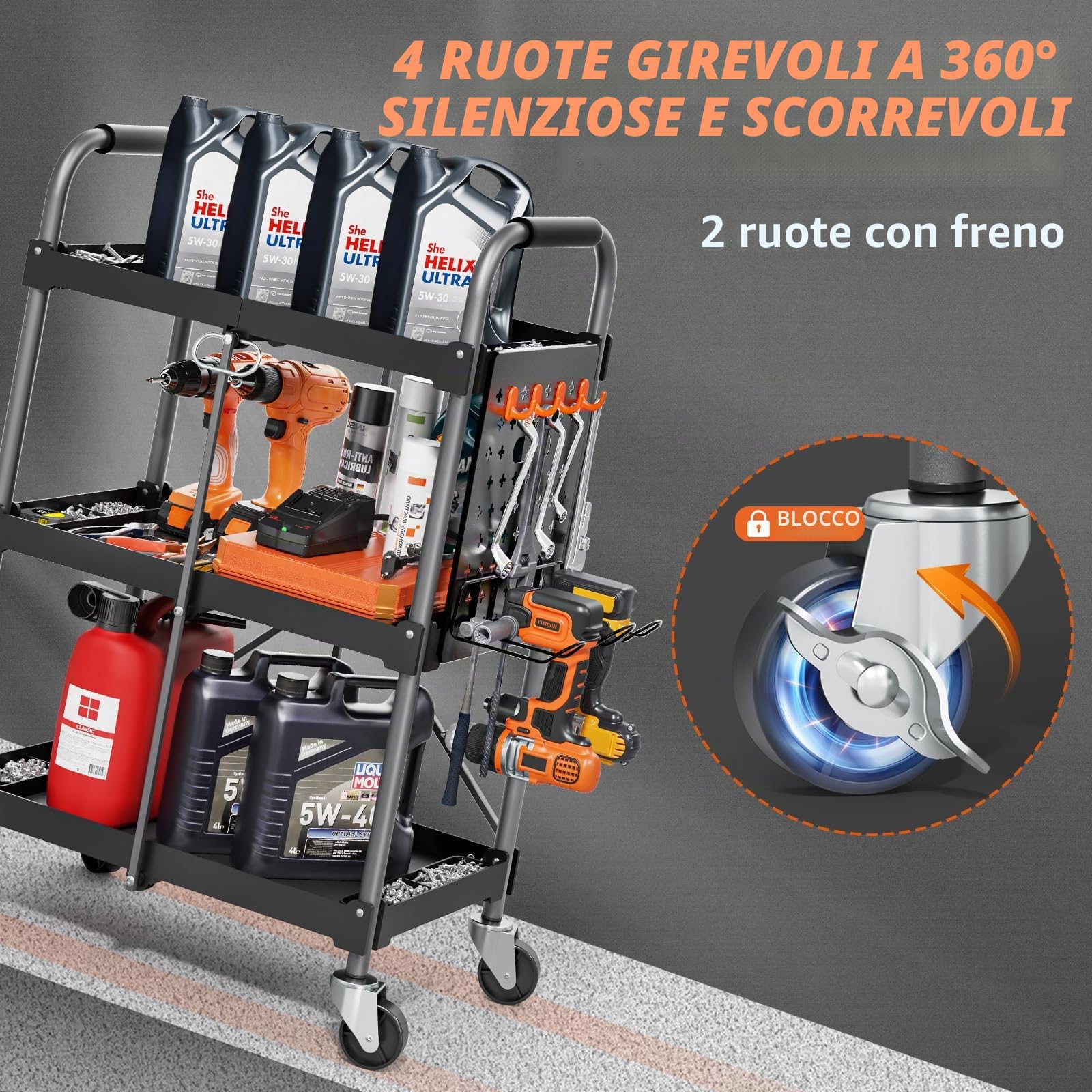 KINGRACK Carrello di Servizio Pieghevole a 3 Ripiani con Ruote e Maniglia Ergonomica, Carrello Portautensili Multiuso, Carrello Porta Attrezzi, Carrello Portaoggetti Casa Ufficio Garage Officina, Nero