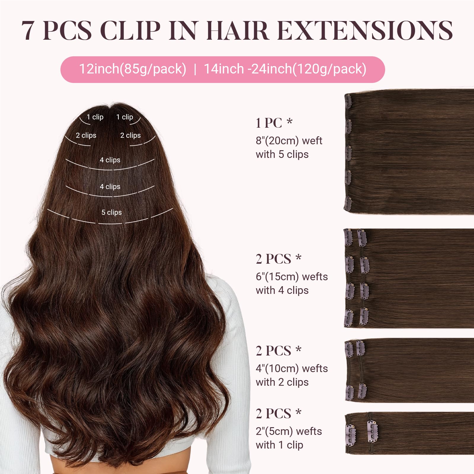 MAXITA Clip in Hair Extensions Real Human Hair 100% Remy Hair Extensions Clip ins Double Weft for Women,Natural Human Hair,16inch 120g 7Pcs,Chocolate Brown — view 2