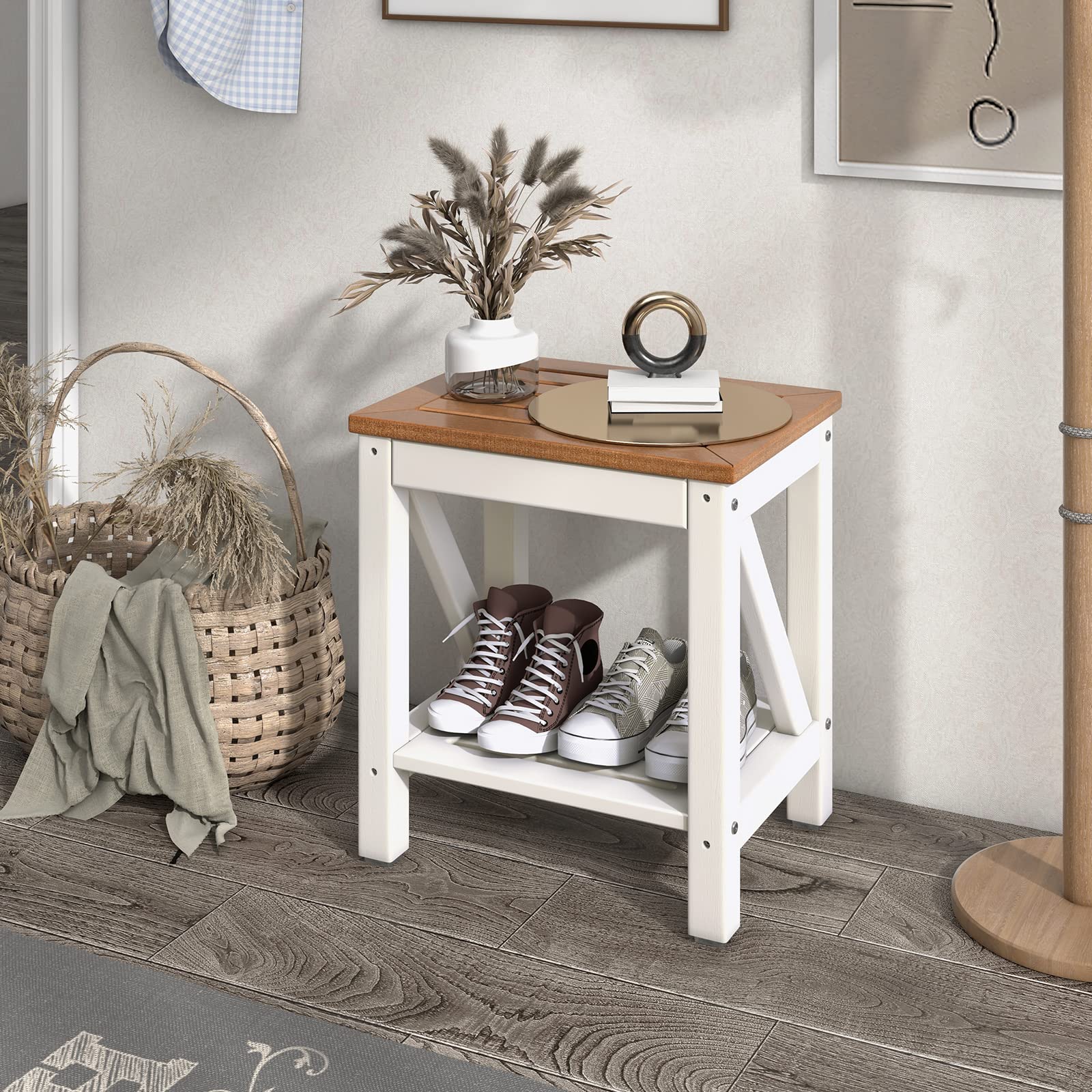 COSTWAY Taburete de Ducha de Esquina, Banco Impermeable de Baño con Estante de Almacenamiento de Madera, Asiento Bañera Adulto para Ducha para Uso en Interiores y Exteriores (Diseño 3)
