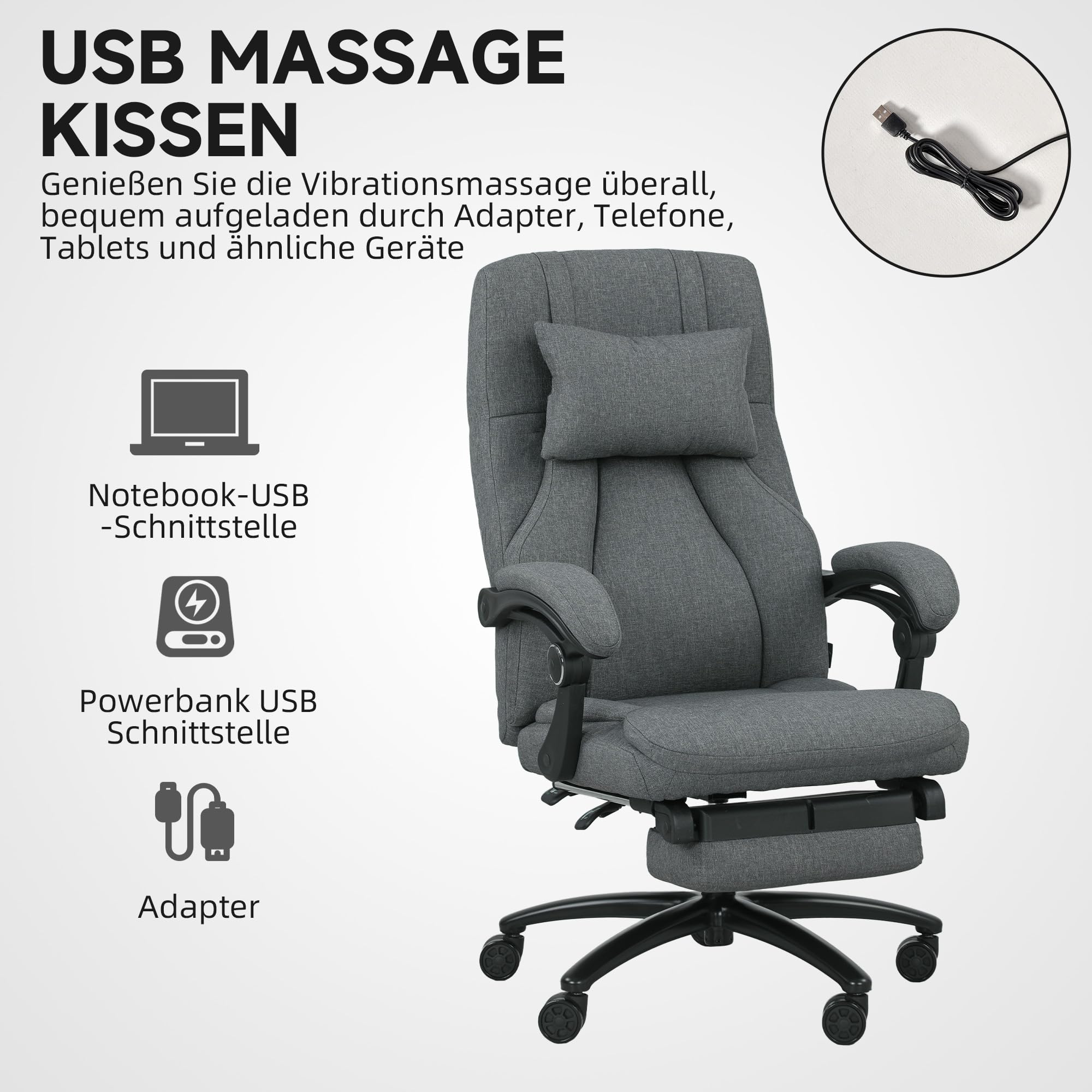 Vinsetto Bürostuhl mit Massagefunktion Ergonomischer Chefsessel mit Liegefunktion, Fußstütze Höhenverstellbar 360° Drehbar Schreibtischstuhl mit Kopfstütze, USB-Schnittstelle, Leinenoptik, Dunkelgrau