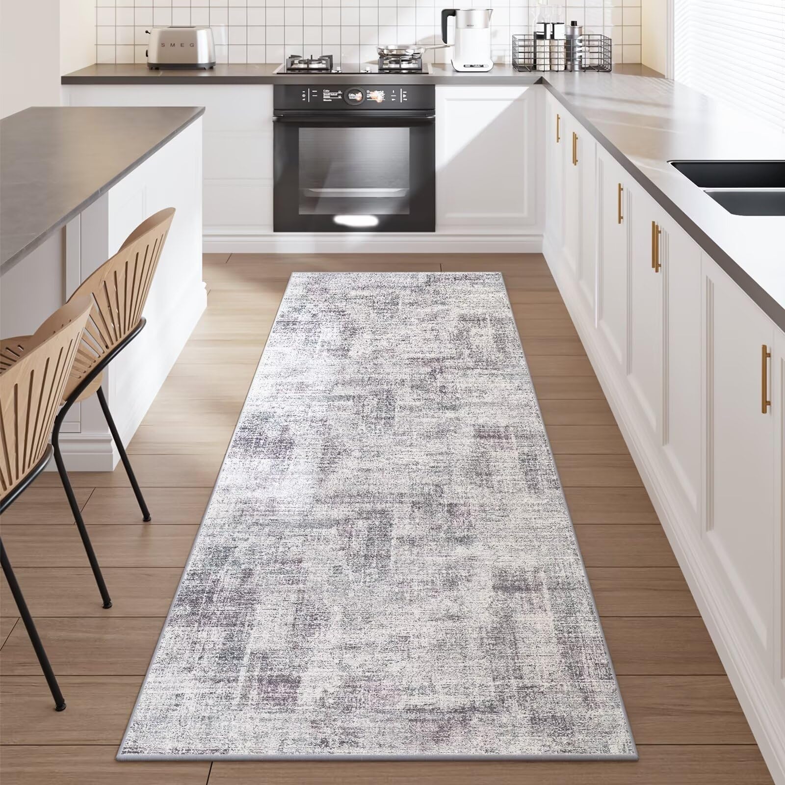 Eleisa Modern Abstract 2x8 Hallway Runner Rug, Purple & Grey, Non-Slip Washable Low Pile Rugs, Vintage Rug Hallway Indoor Carpet for Kitchen, Entryway