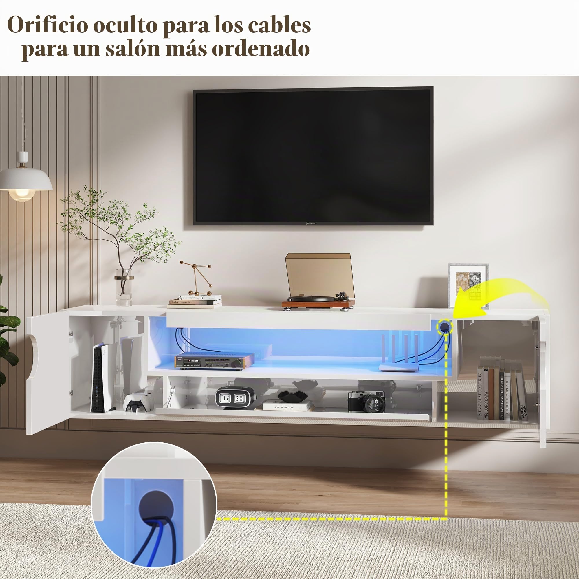LUXOAK Mueble bajo para TV de 160 cm, color blanco brillante con iluminación LED RGB, mueble flotante para televisores de 55 a 75 pulgadas, montaje en pared con espacio de almacenamiento y guía de