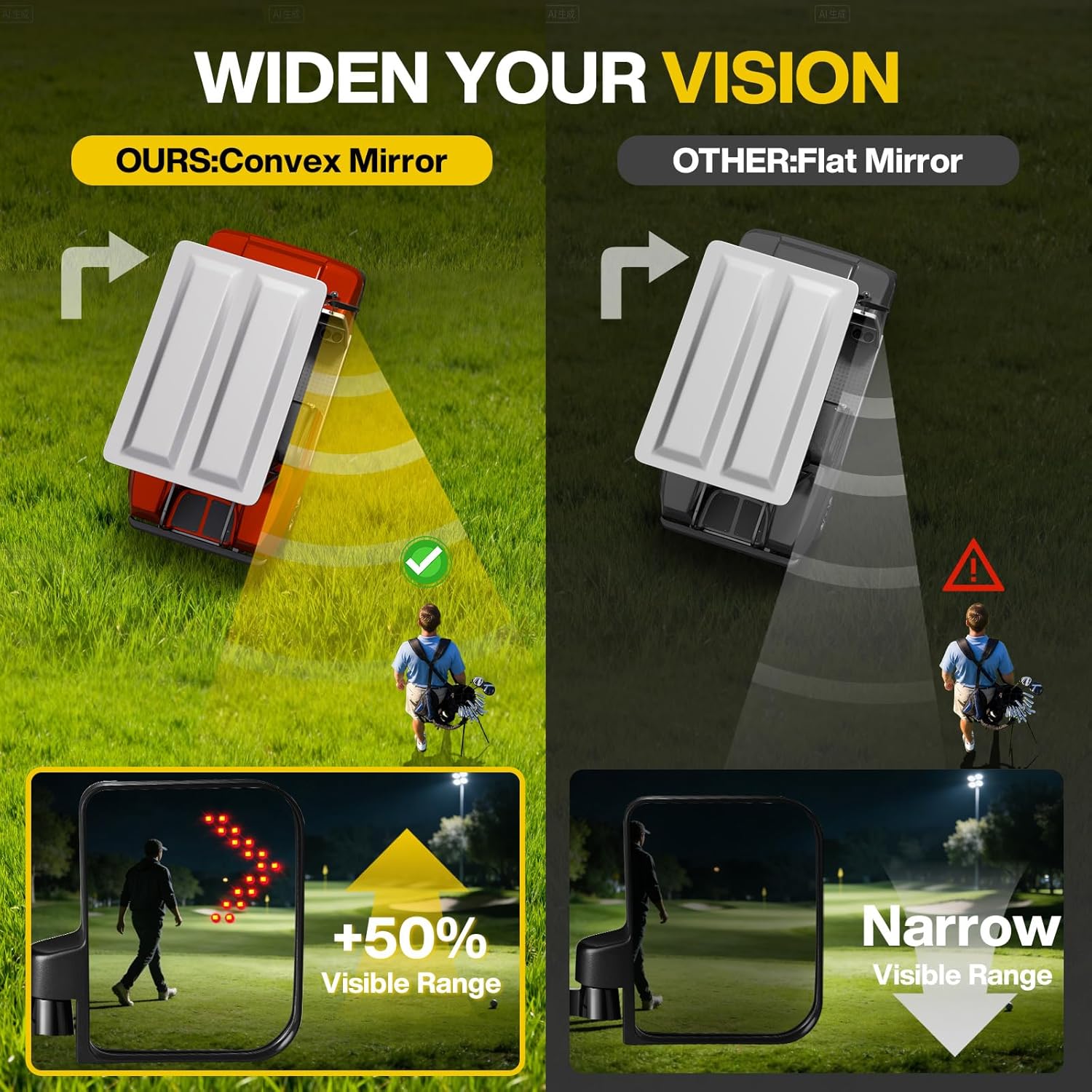 Golf Cart Rear View Mirrors, Square Tube Golf Cart Roof Bracket Side Mirrors with Turn Signal Lights, Folding Mirrors for Club Car EZGO Yamaha Kandi, Collision Protection, Street Legal