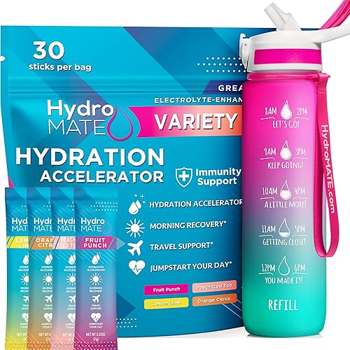 NatureWorks HydroMATE - Paquete variado de electrolitos en polvo, paquete de 30 palos y botella de agua de 32 onzas con marcadores de tiempo,