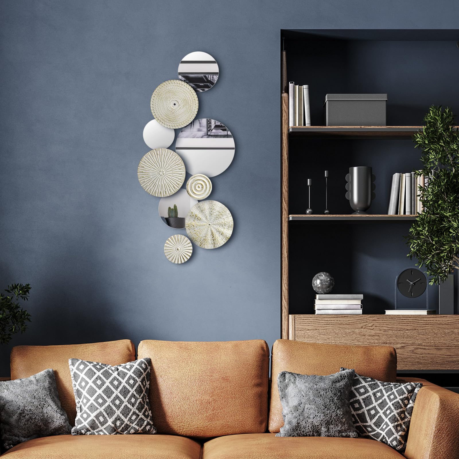 Blulu Lot de 9 miroirs décoratifs muraux en métal - Plaques Rondes et Modernes - Grande Sculpture Murale pour Salon, Bureau, Chambre, Cuisine, Couloir (Blanc, doré)
