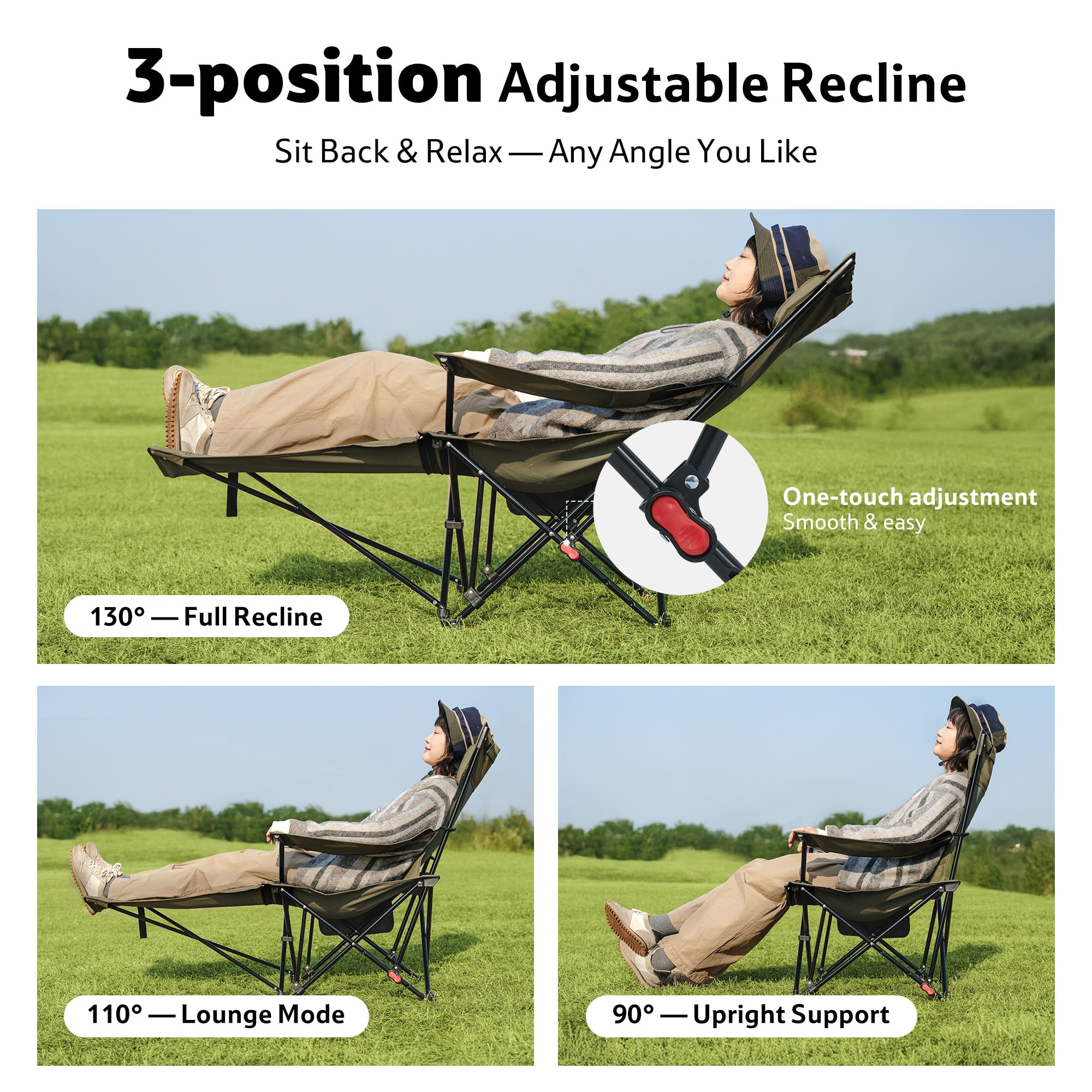 Naturehike Sedia da campeggio pieghevole 2 in 1, 150 kg, con poggiapiedi, sedia da spiaggia con schienale regolabile in 3 posizioni, sedia da pesca con portabicchieri, per esterni, spiaggia, pesca
