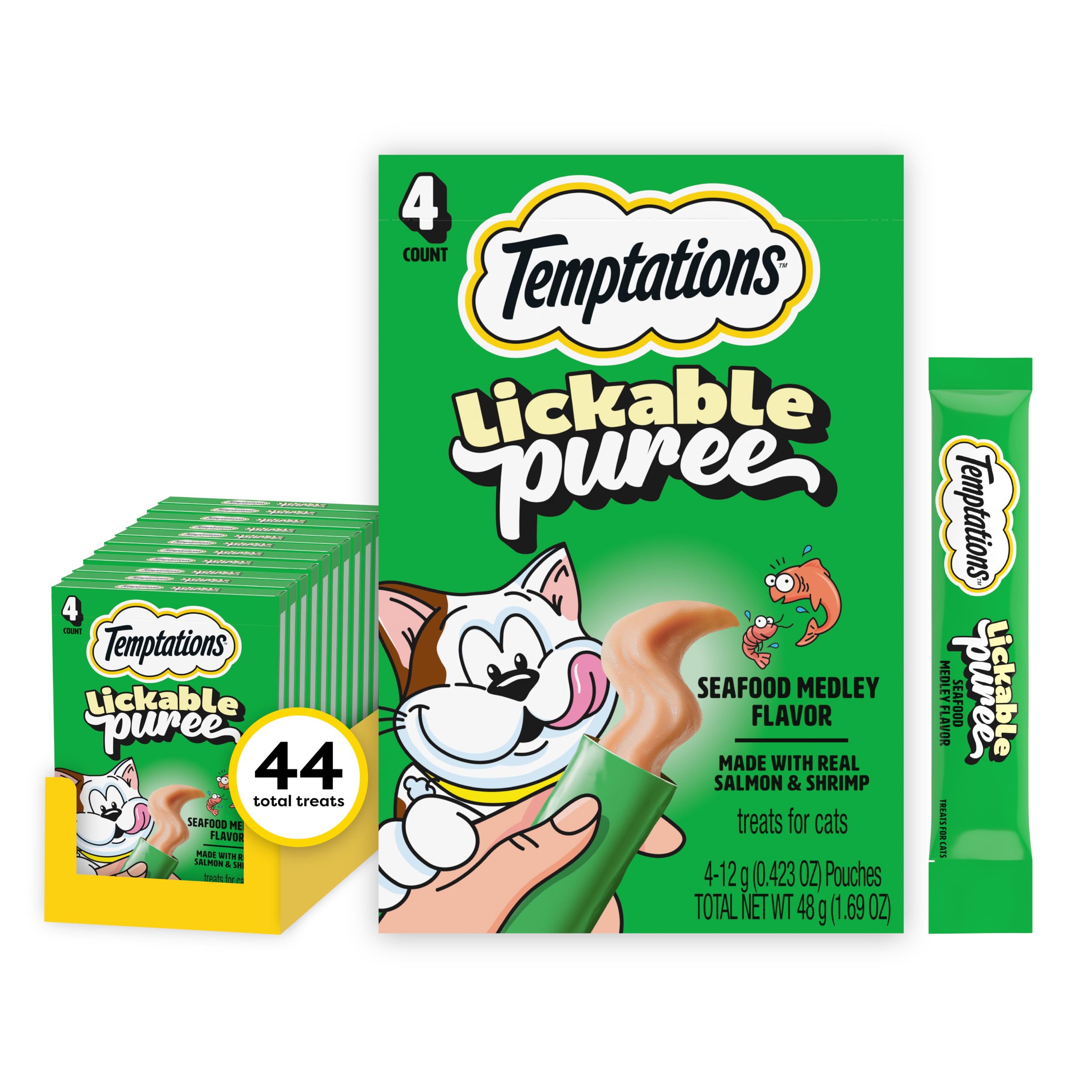 Temptations Creamy Puree Lickable Cat Treats, Seafood Medley, 4 Count, 11pk | Under 15 calories per tube, great for senior cats, no chewing required, no added sugar, wet squeezable treat, 0.42 oz. Tubes