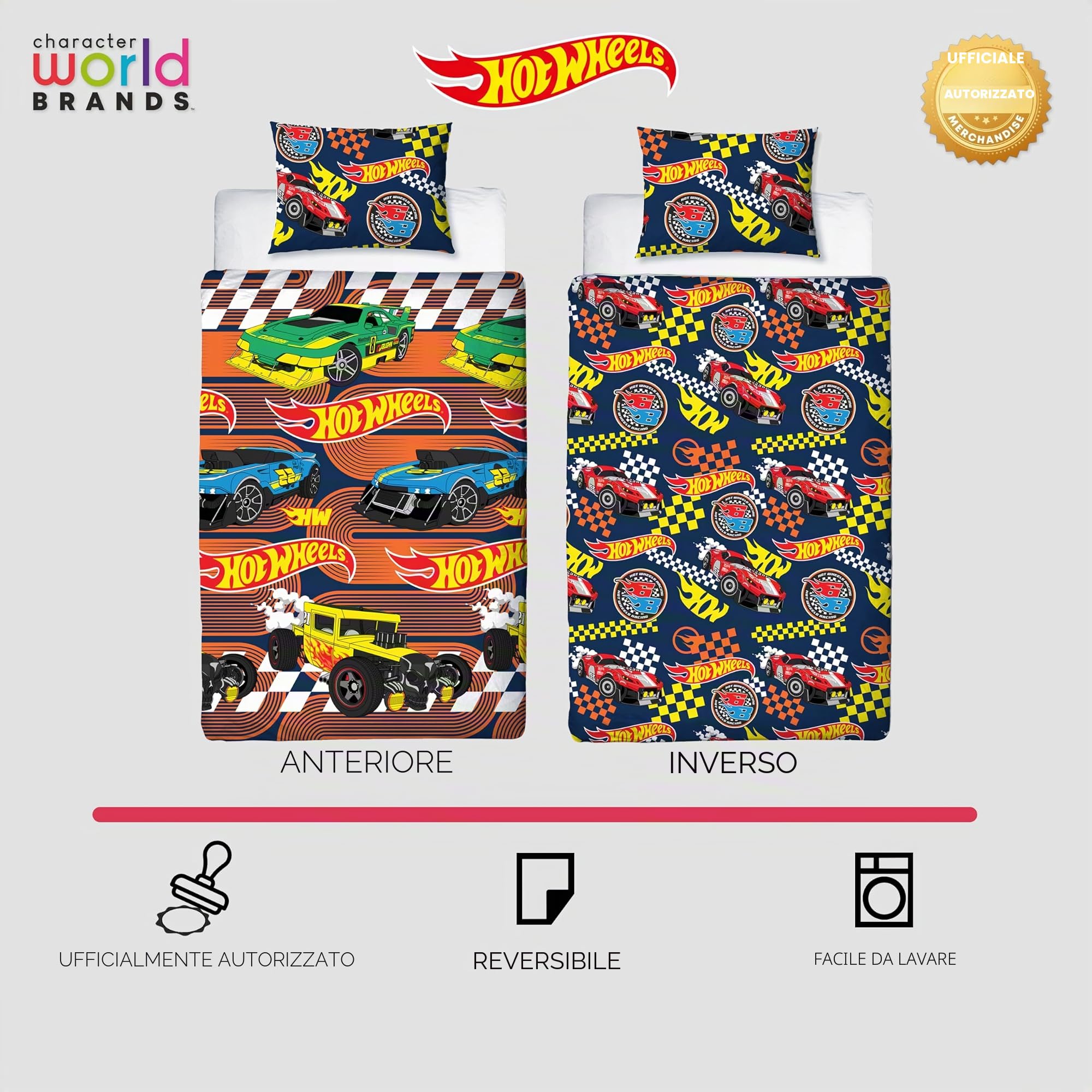 Hot Wheels - Set copripiumino singolo con licenza ufficiale Racer, reversibile, 2 lati, con federa coordinata, perfetto per la camera dei bambini
