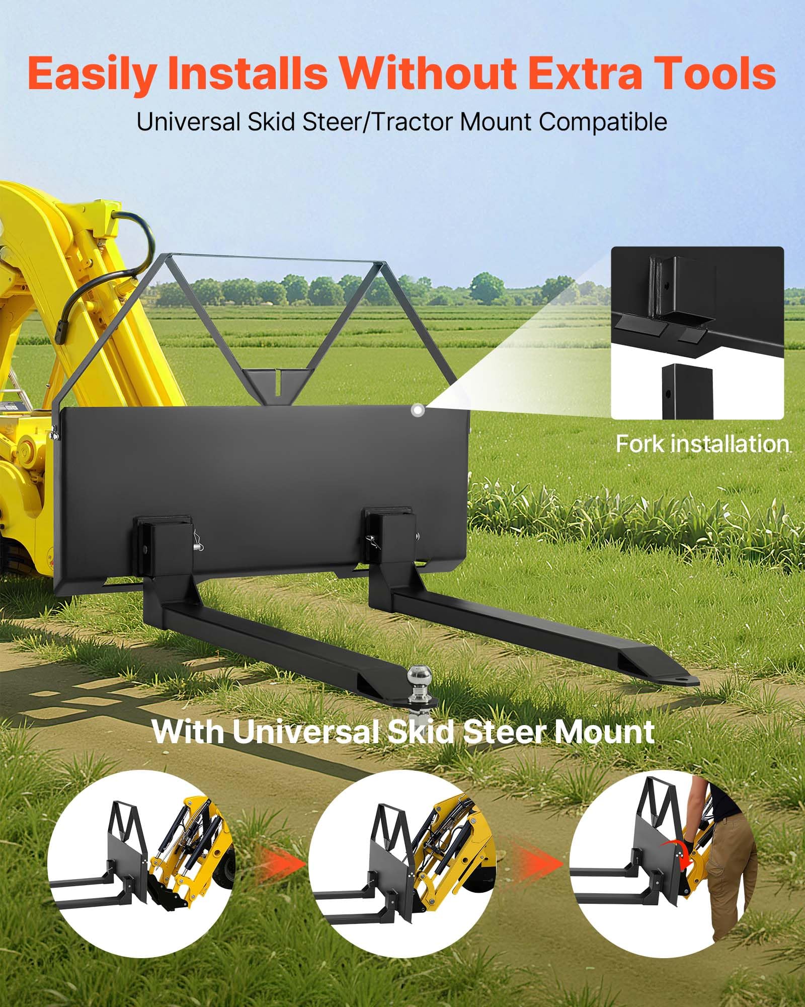 VEVOR Fourches à Palettes pour Chargeuses Compactes avec Cadre 1160 mm, Fourche 1220 mm, Capacité 1179 kg, Boule d'Attelage de Remorque 47,6 mm, Connexion Rapide, pour Chargeuses Compactes, Tracteurs