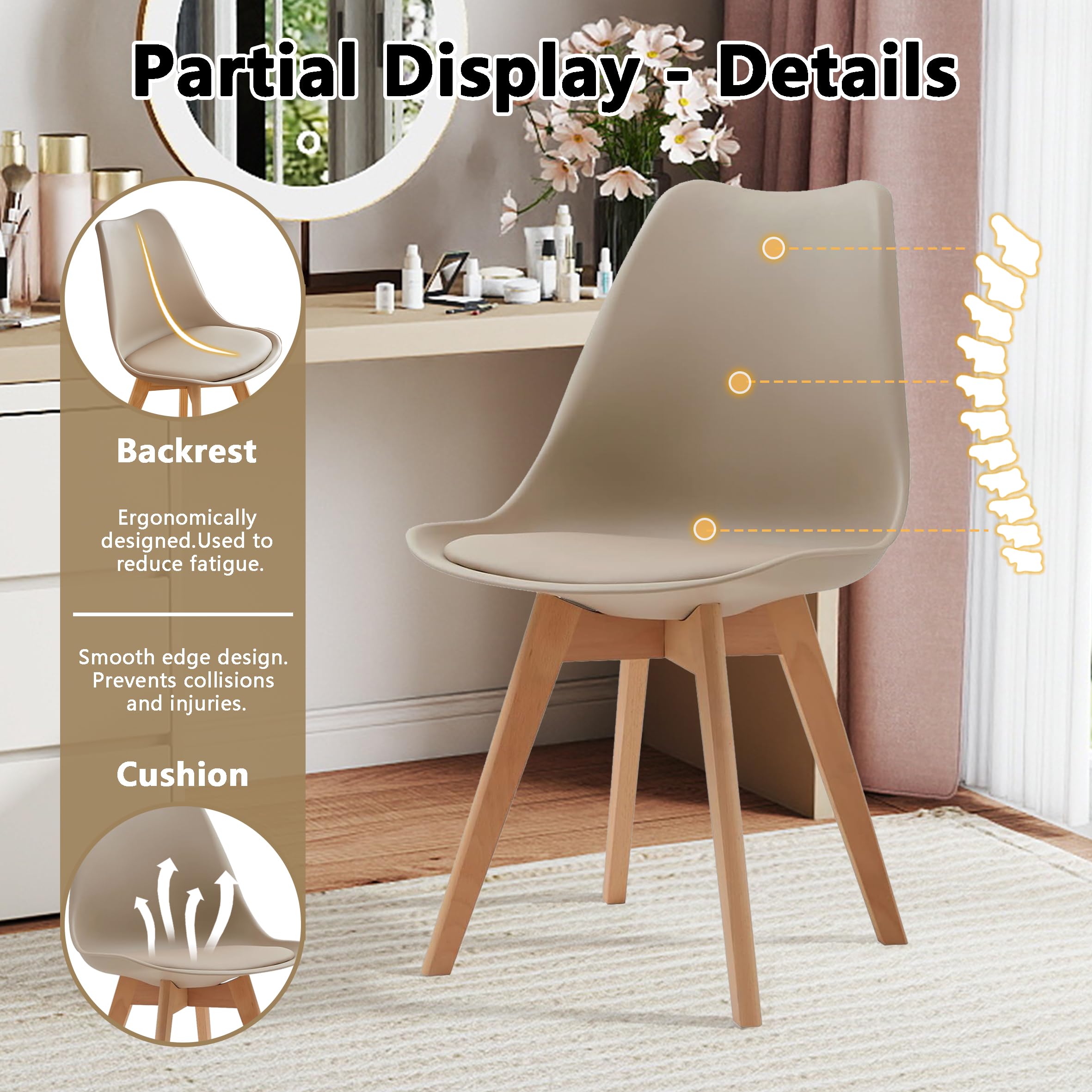 Lot de 4 Chaises de Salle à Manger, Pieds en Bois Massif, Design Nordique Ergonomique, Chaise de Cuisine, Chaise Moderne (Beige-4)
