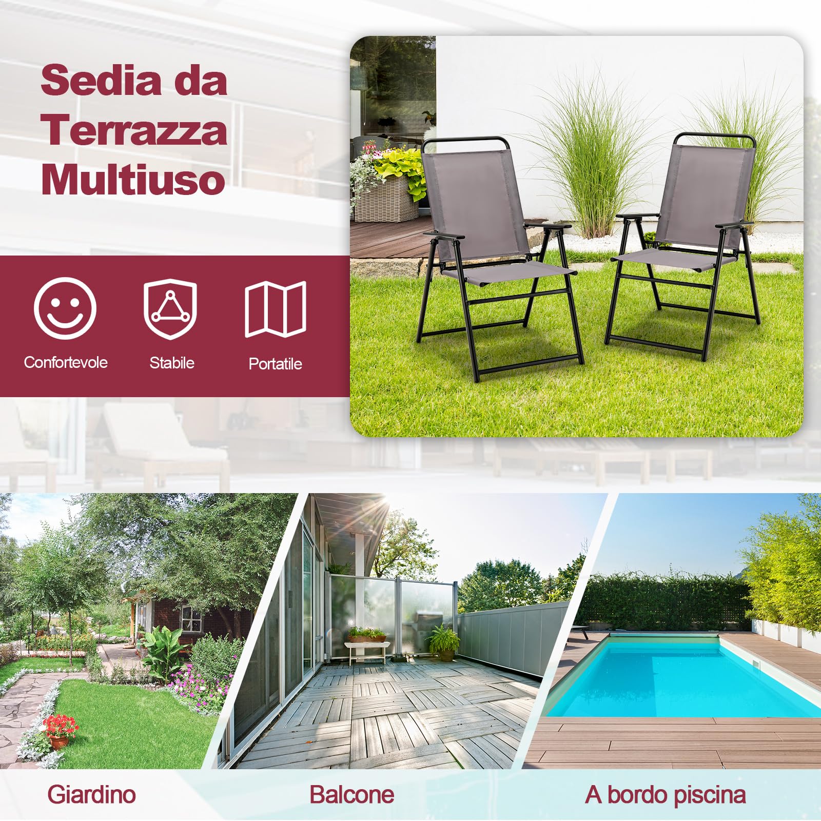RELAX4LIFE Set di 2 Sedie Pieghevoli, Sedie da Giardino in Tessuto Traspirante, Braccioli e Poggiapiedi, Struttura in Metallo, Senza Montaggio, Portatili per Esterno, Max 150KG (Grigio, 59x50,5x93cm)