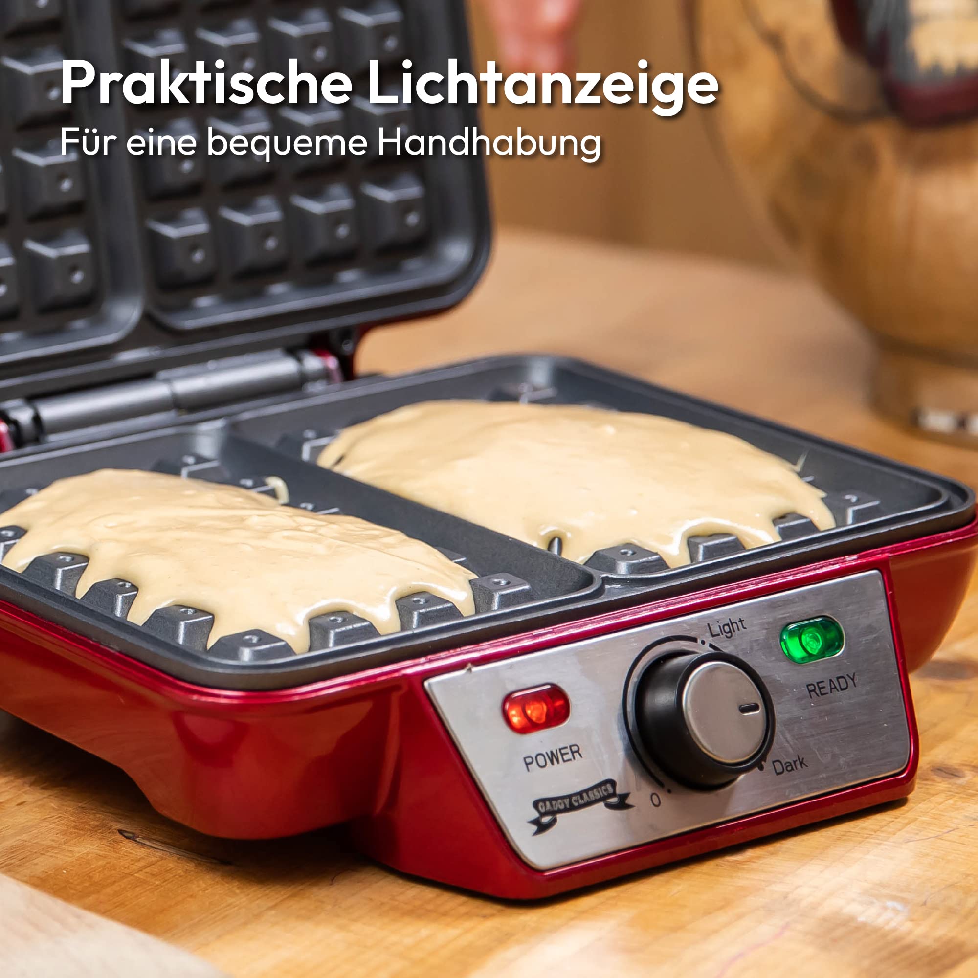 Gadgy Doppel-Waffeleisen für 2 Belgische Waffeln (10,5 x 15 cm), 1000W, Temperaturregler, Antihaftbeschichtung, LED-Anzeige, Cool-Touch-Griff – für Haushaltsgebrauch