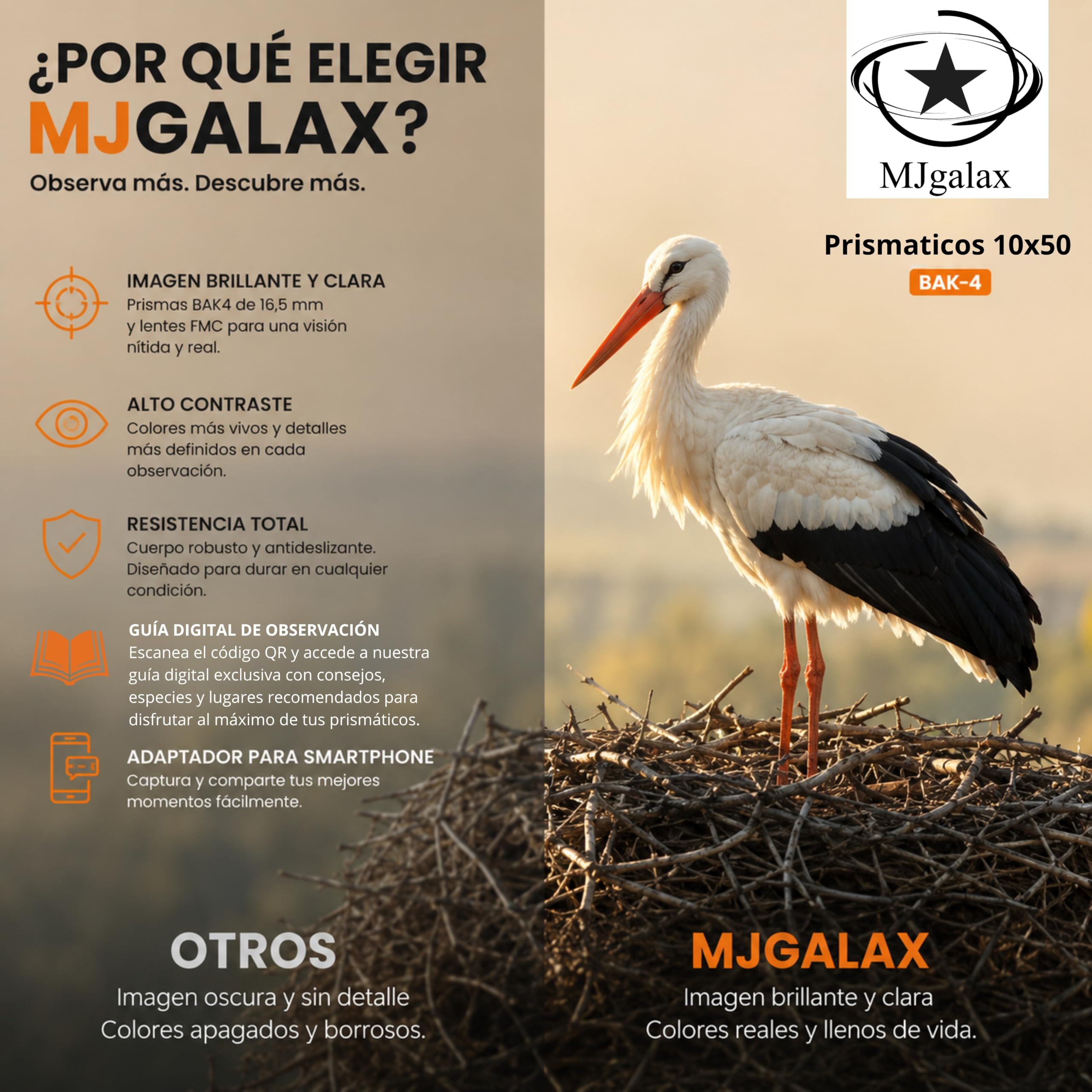 Prismaticos Profesionales Largo Alcance, Binoculares Potentes 10x50 - Prismas BAK-4 y Lentes FMC, Incluye Guía de Paisajes, Aves y Animales Silvestres de España y Adaptador para Smartphone.