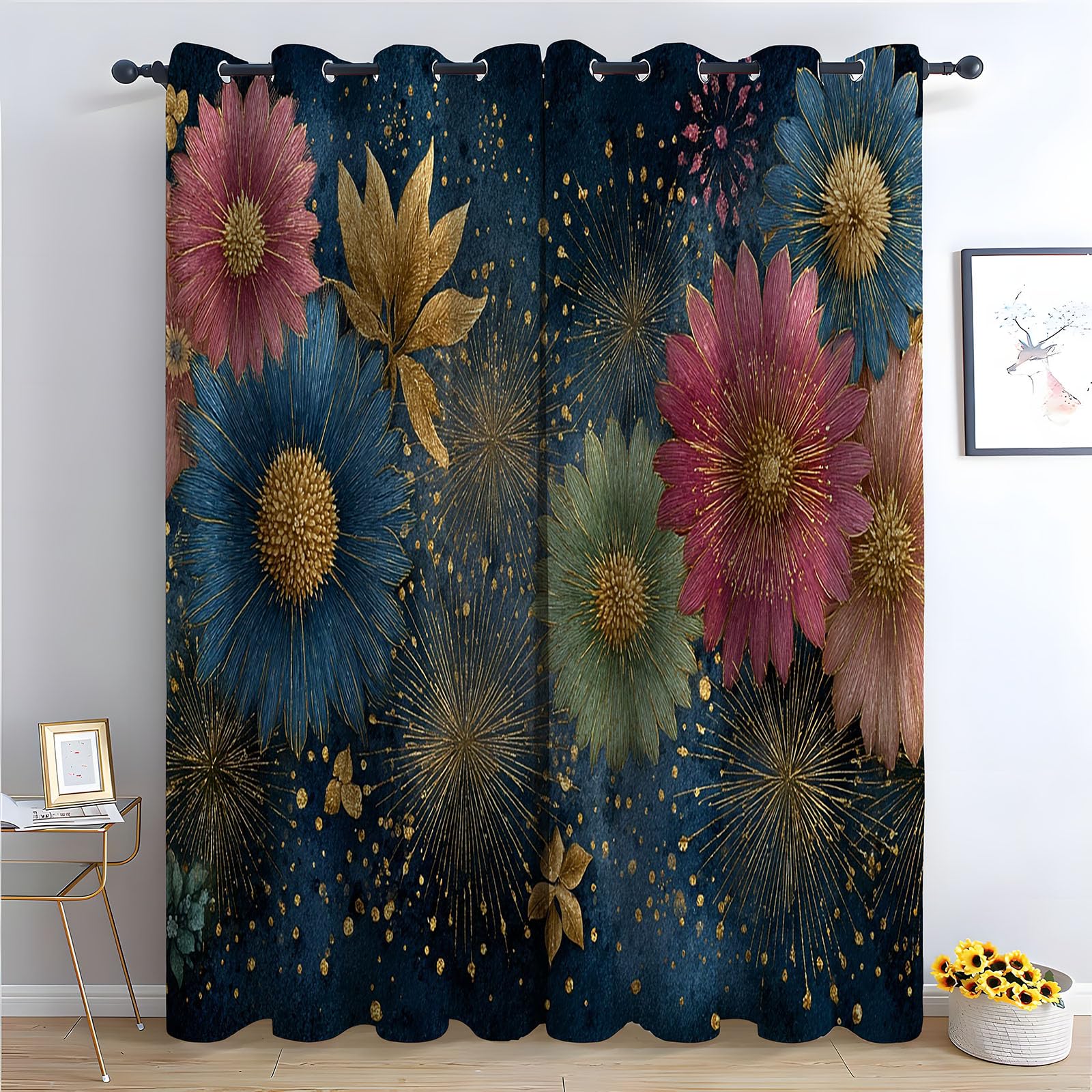 TERUEA Forest Curtains Golden floral fireworks vintage Thermal Insulated 80% Blackout Curtains Print Pattern Room Darkening Window Drapes for Bedroom Living Room-63 W x 90" L (Pack of 2)