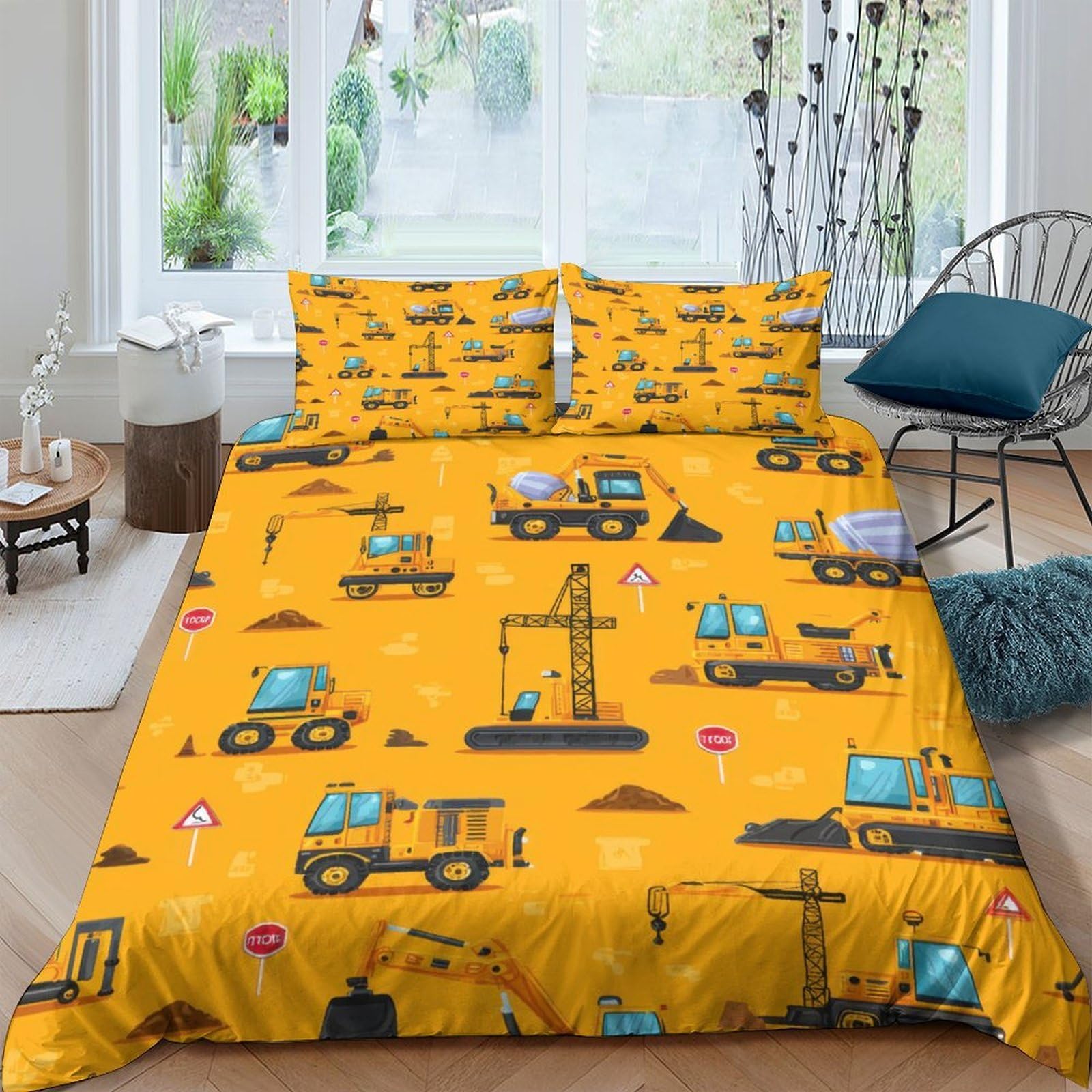 Ctjqhvkz Style-4 3D Printed Construction Vehicles Fitted Sheet Microfiber Soft Orange Building Site Bed Cover For Bedroom Guest Room Dorm Decor Single（135X200cm）