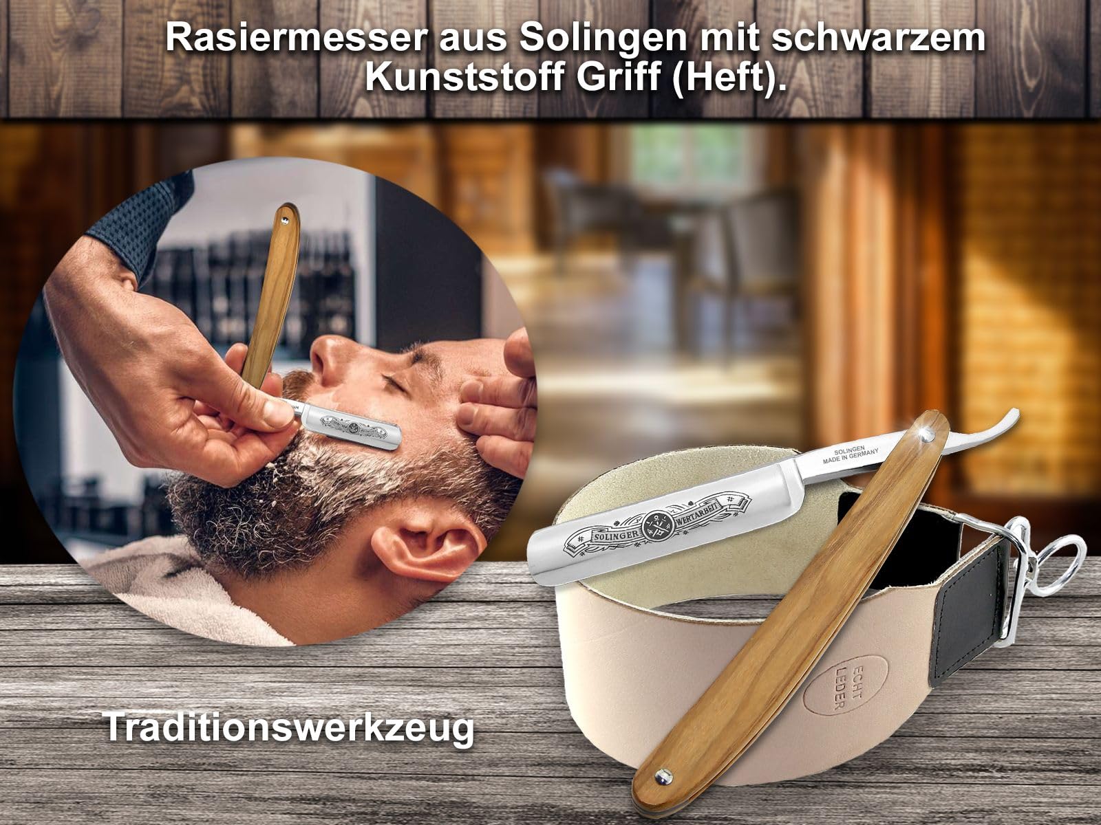 Solinger Bartmesser Set mit extra breitem Streichriemen und Olivenholz Heft | Rasiermesser Set für die klassische Nassrasur und präzisen Bartpflege - Made in Germany - Eine Handwerkskunst aus Solingen