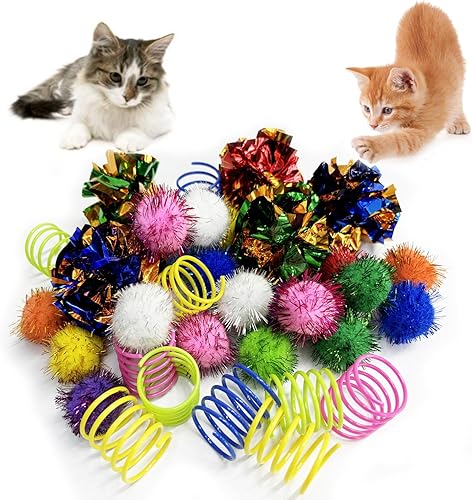 Juguetes para gatos para interiores, paquete de 35 juguetes interactivos para gatos, incluye bolas arrugadas, bolas brillantes, resortes en espiral