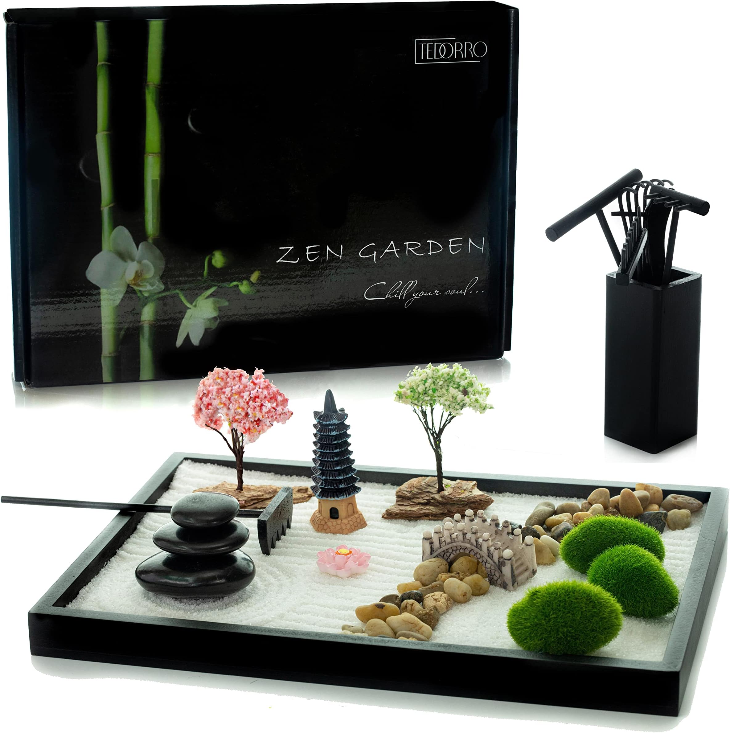 Zen Garden for Desk – 21pc. Japanese Zen Sand Garden Kit for Home, Office Desktop, Beautiful Gift, Therapy, Meditation Mini Decor Set– 11x8in. Large Sand Tray, Rocks, Black Rake Tools & Accessories
