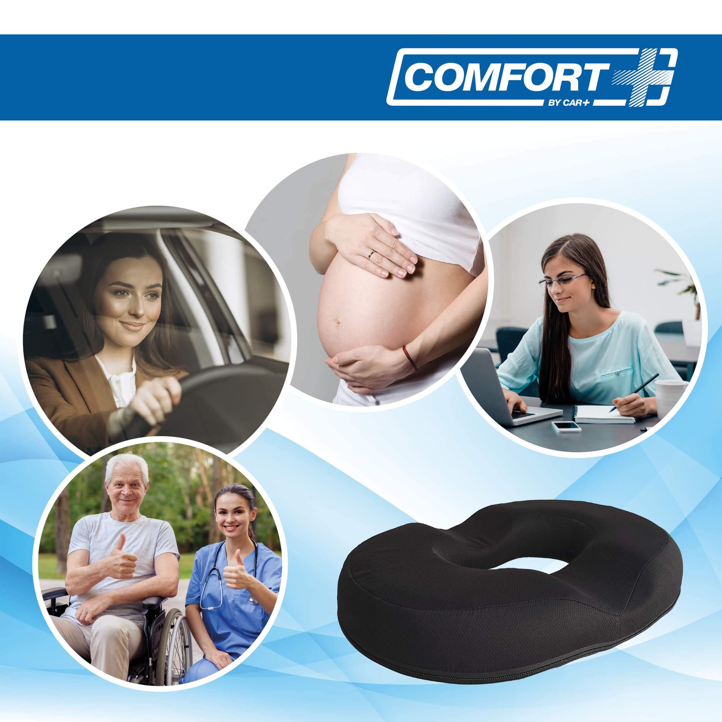 S SUMEX Rundes Kissen mit Memory-Schaum, ideal für Hämorrhoiden, Schwangerschaft, Schmerzen im Steißbein für Büro, Zuhause, Auto oder Reisen, schwarz, Ring 43 x 34,5 cm