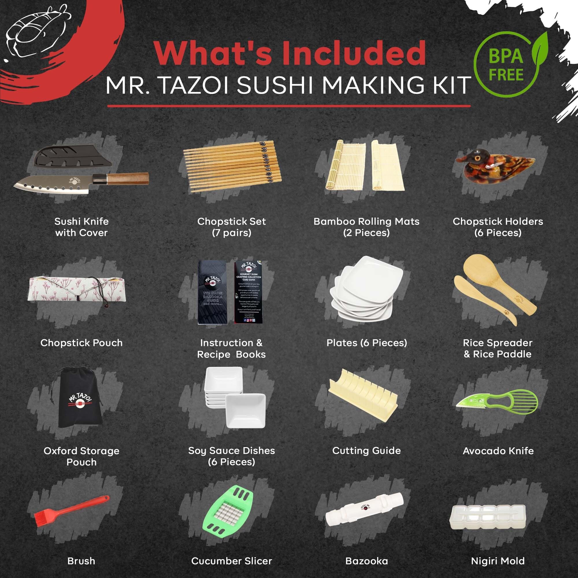 Mr Tazoi Gourmet - Kit de fabricación de sushi de 40 piezas, incluye rodillo de arroz de bambú, cuchillo de sushi japonés, platos, palillos y más, perfecto para chefs caseros y amantes del sushi (kit