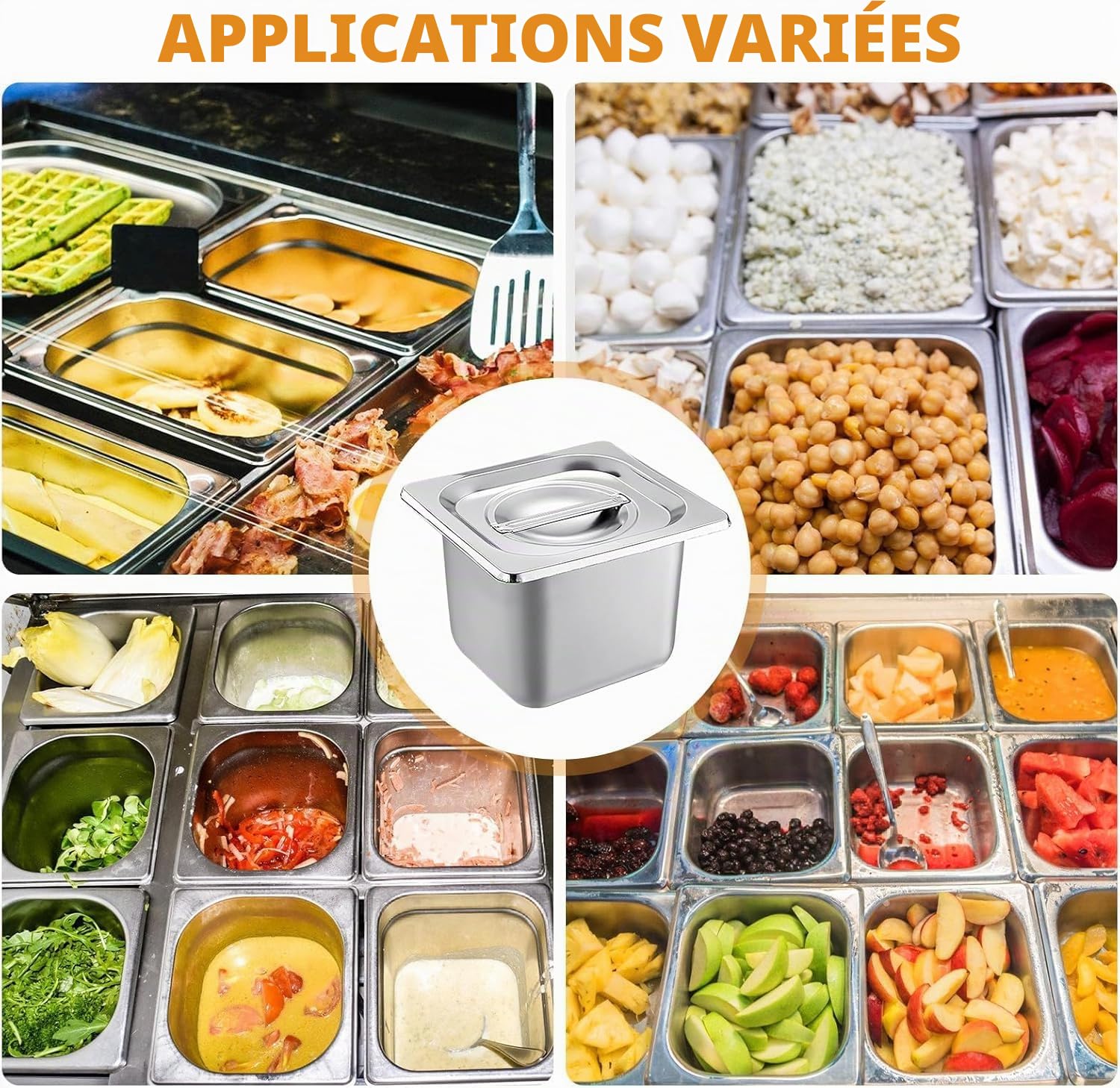 Lot de 4 Plat Inox avec Couvercle, GN 1/6 Bac avec Couvercle, 17,5 x 16,2 x 10 cm Bac Alimentaire Inox pour des Fours à Convection, des Chafing Dishes, des Réfrigérateurs