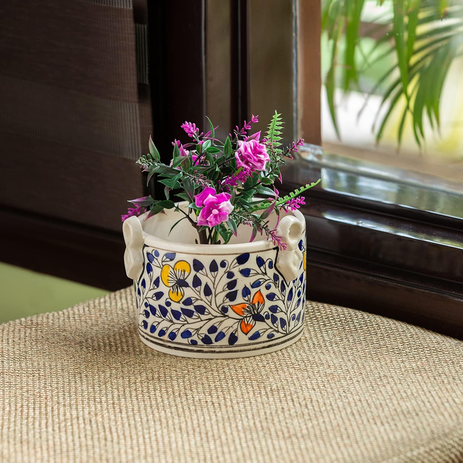 ExclusiveLane 'Indigo Vines' Handpainted Ceramic Pots for Indoor Plants Garden Decoration Items Outdoor & Table Planters for Living Room