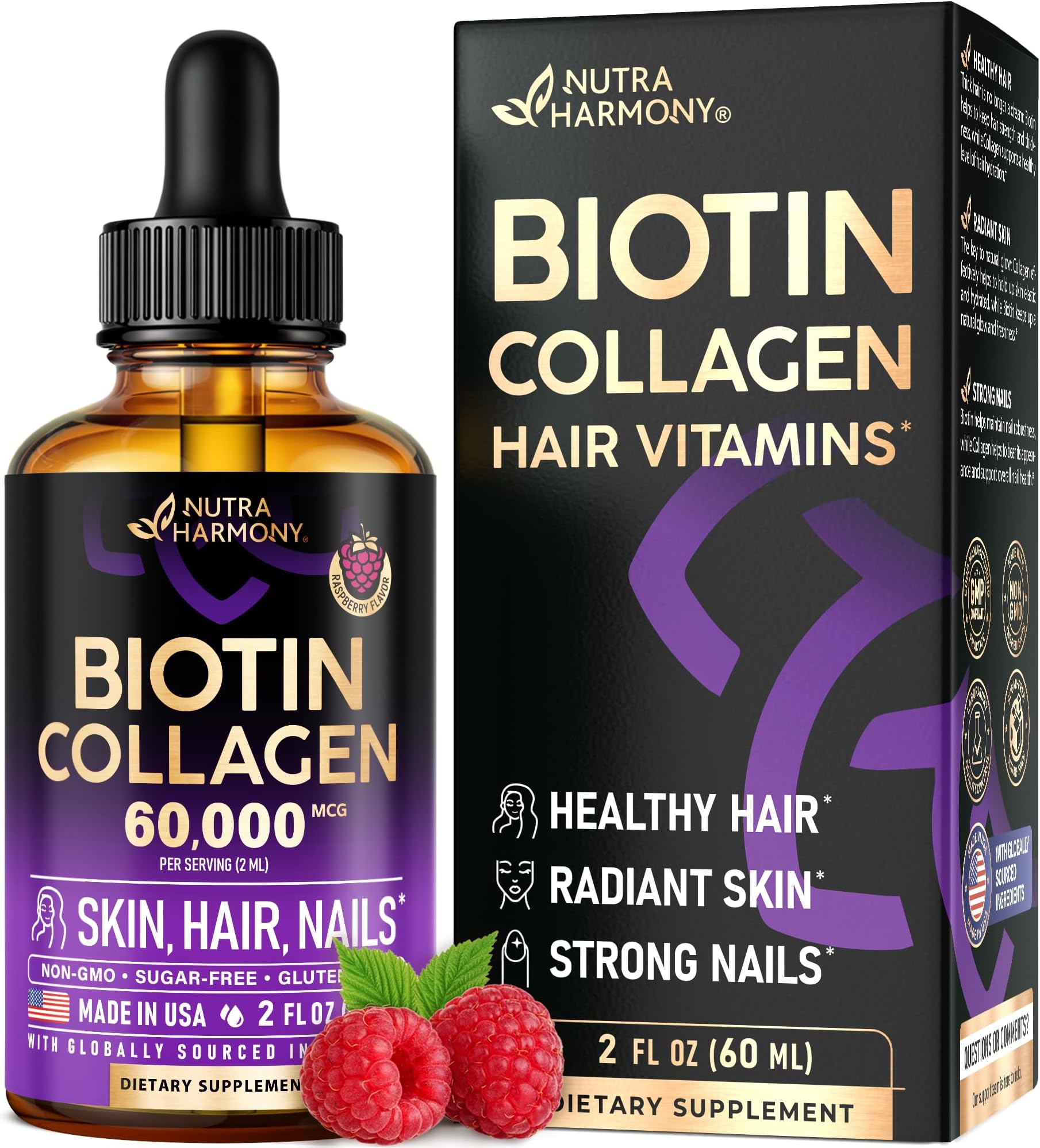 Liquid Biotin & Collagen 60,000 mcg - Vitamins for Hair Growth Support - Extra Strength Drops for Women & Men - Liquid Collagen Supplement - Strong Nails & Healthy Skin - Made in USA - 2 Fl Oz