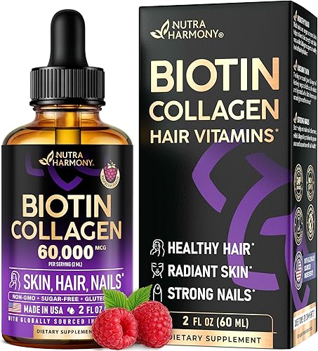 Liquid Biotin & Collagen 60,000 mcg – Vitaminas para apoyar el crecimiento del cabello – Gotas extra fuertes para mujeres y hombres – Suplemento