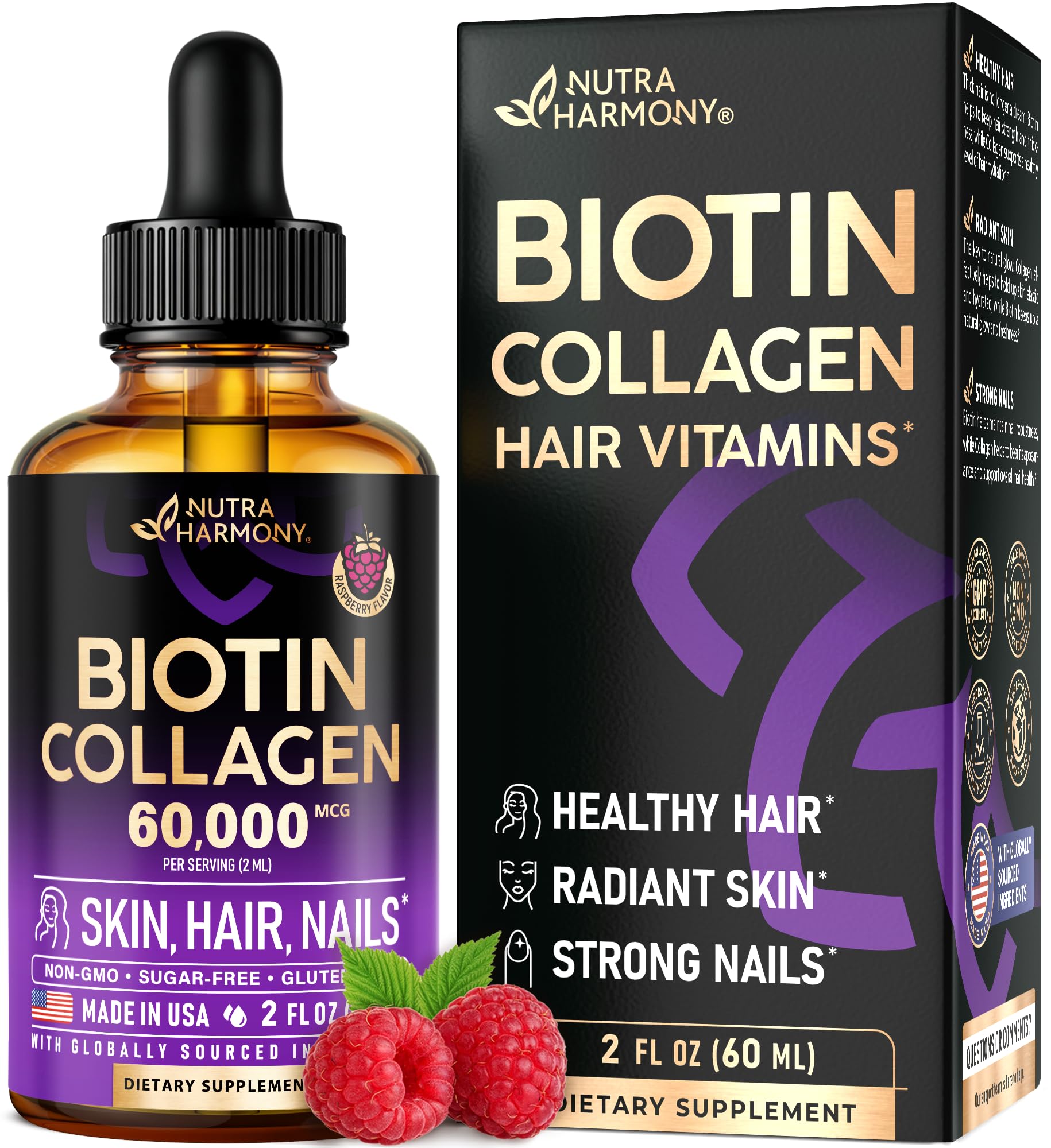 Liquid Biotin & Collagen 60,000 mcg - Vitamins for Hair Growth Support - Extra Strength Drops for Women & Men - Liquid Collagen Supplement - Strong Nails & Healthy Skin - Made in USA - 2 Fl Oz