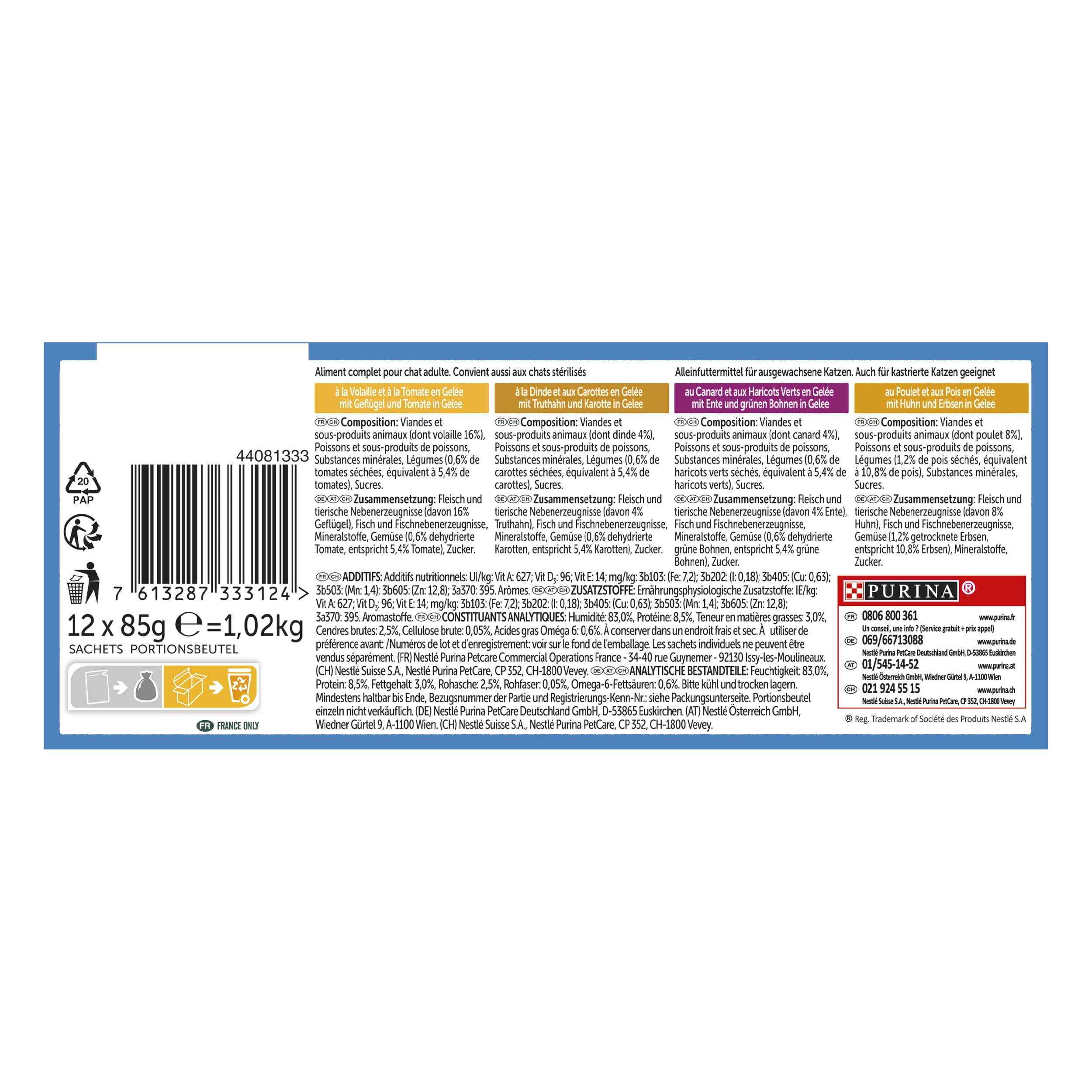 FELIX Sensations Gelée | Chat Adulte | Emincés en Gelée |Sélection de Volailles et Légumes| Lot de 6-12 x 85 g | Sachet fraicheur