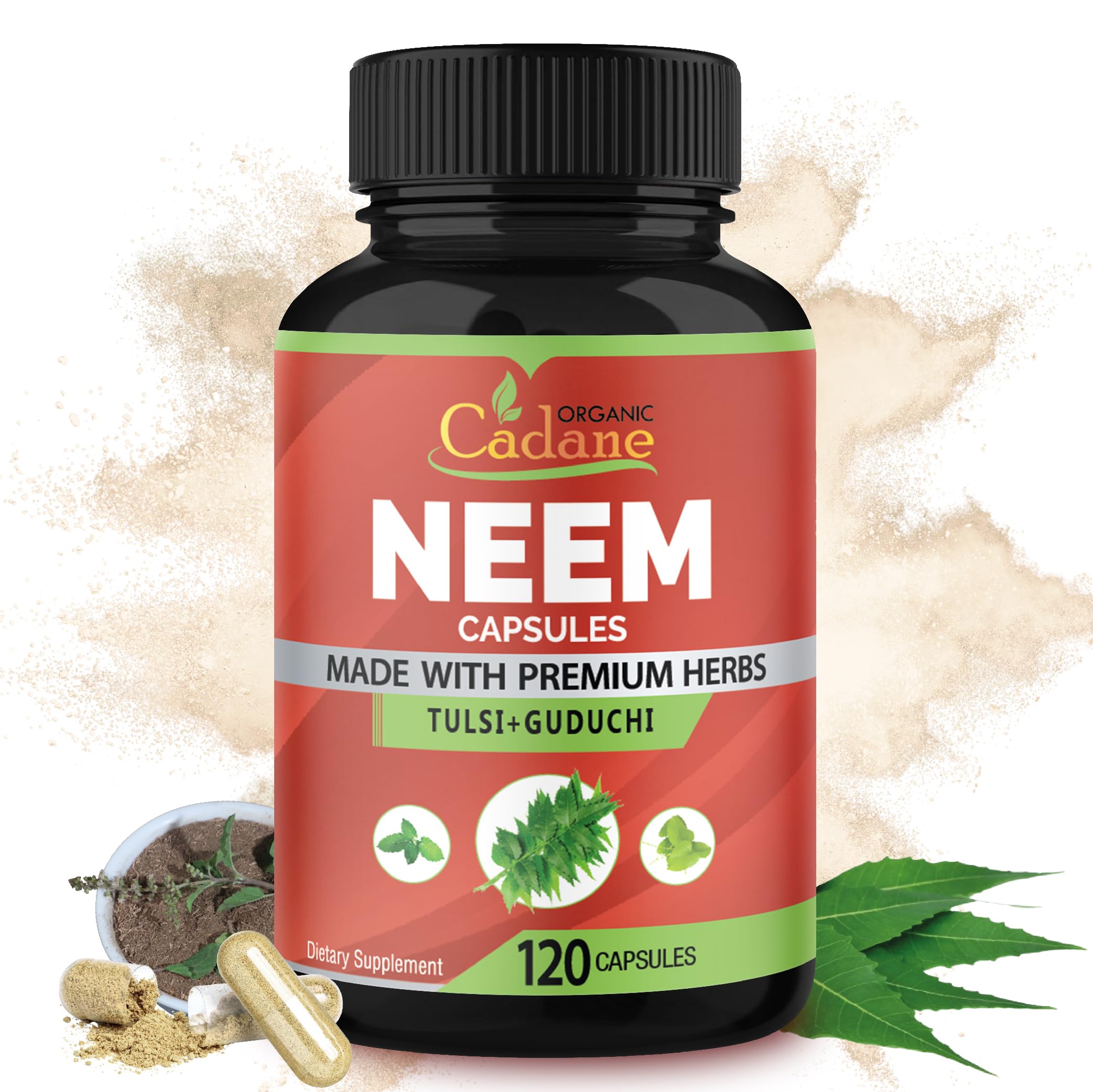 Organic Cadane Neem Leaf Supplements Capsules with Holy Basil Tulsi, Guduchi, 120 Vegetable Capsules | Supports Immune System | Fresh Powder Leaves Herbs