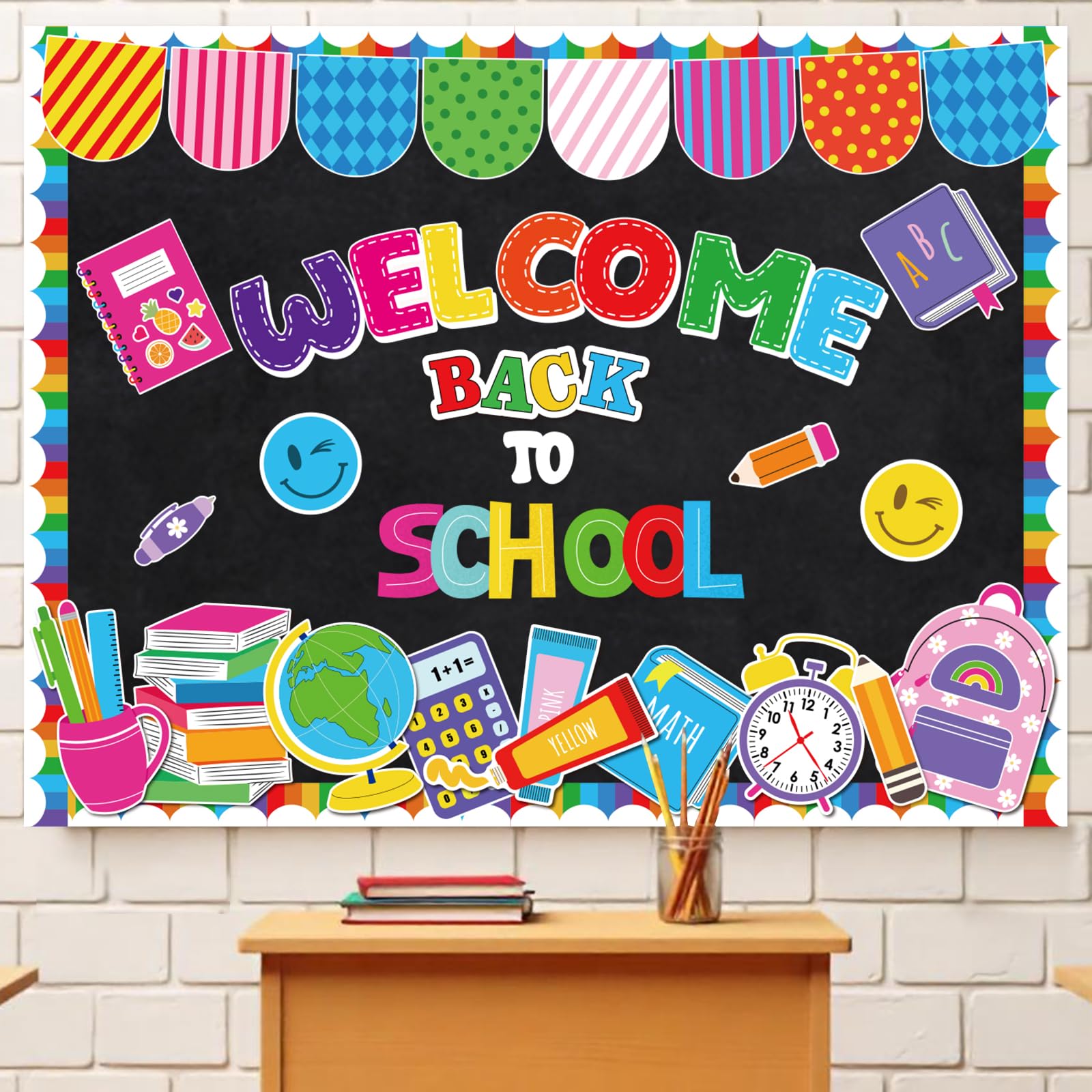 Tableau d'affichage « Welcome Back to School » - Décoration de salle de classe - Carnet coloré - Papeterie en papier - Pour cartable - Motif visage heureux - Pour le premier jour d'école - Tableau