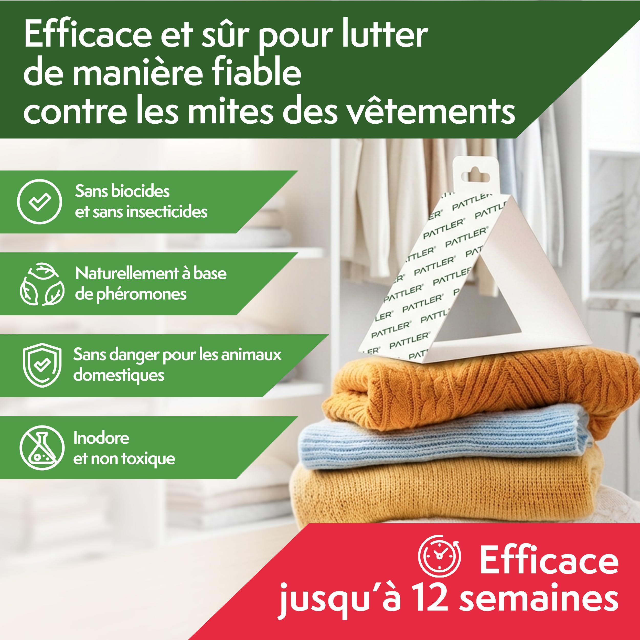 PATTLER Anti Mites Textiles avec Phéromones - 8 Pièces. Protection Anti Mites Vetements pour Armoire Vetement et Penderie, Pièges Adhésifs pour la Détection et Le Contrôle des Mites Textiles.
