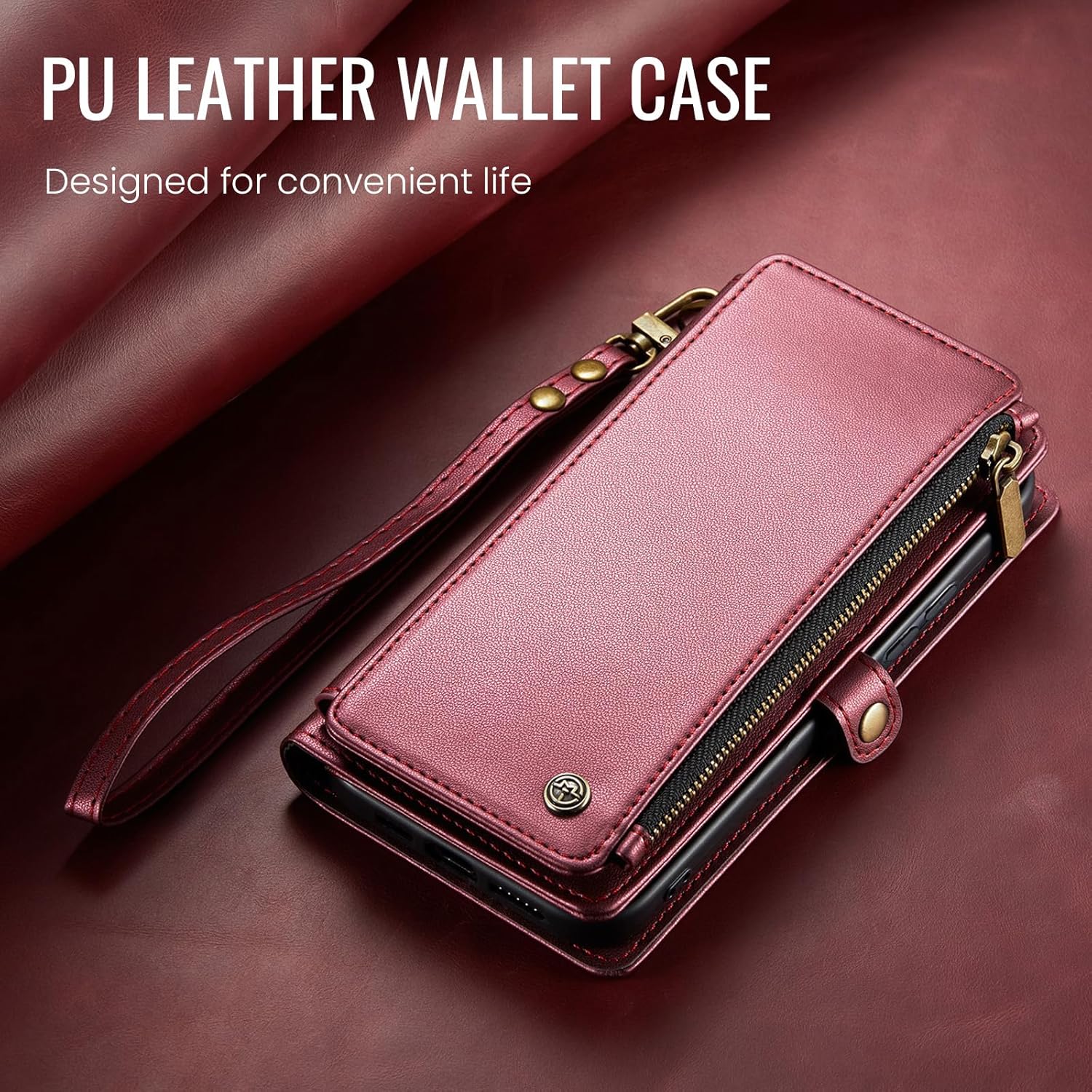 Defencase Compatible with Samsung Galaxy S24 Case Wallet with RFID Blocking Card Holder for Women Men, PU Leather Magnetic Snap Flip Zipper Strap Wallet Phone Case Fit for Galaxy S24 6.2", Wine Red